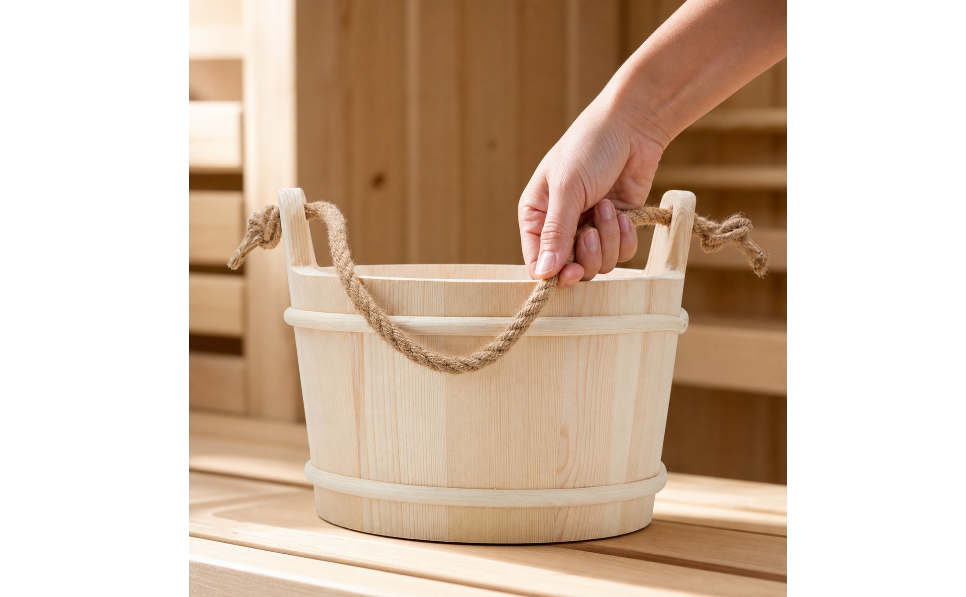 Wooden Sauna Pail with Rope Handle Natural Wood for Steam Room, Home Spa