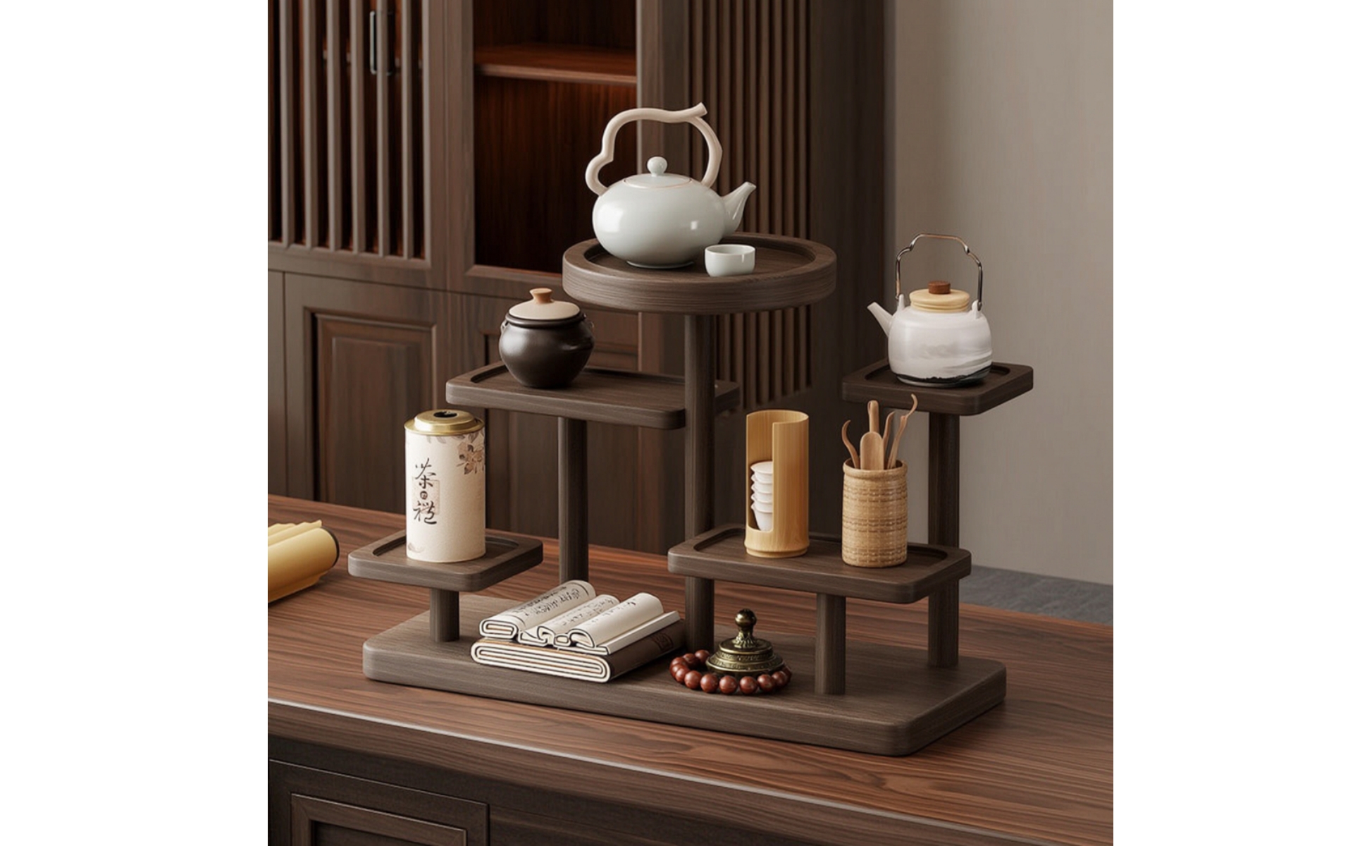 Tea Display Rack Walnut-Finish Tea Ware Rack Solid Wood for Kitchen Counter