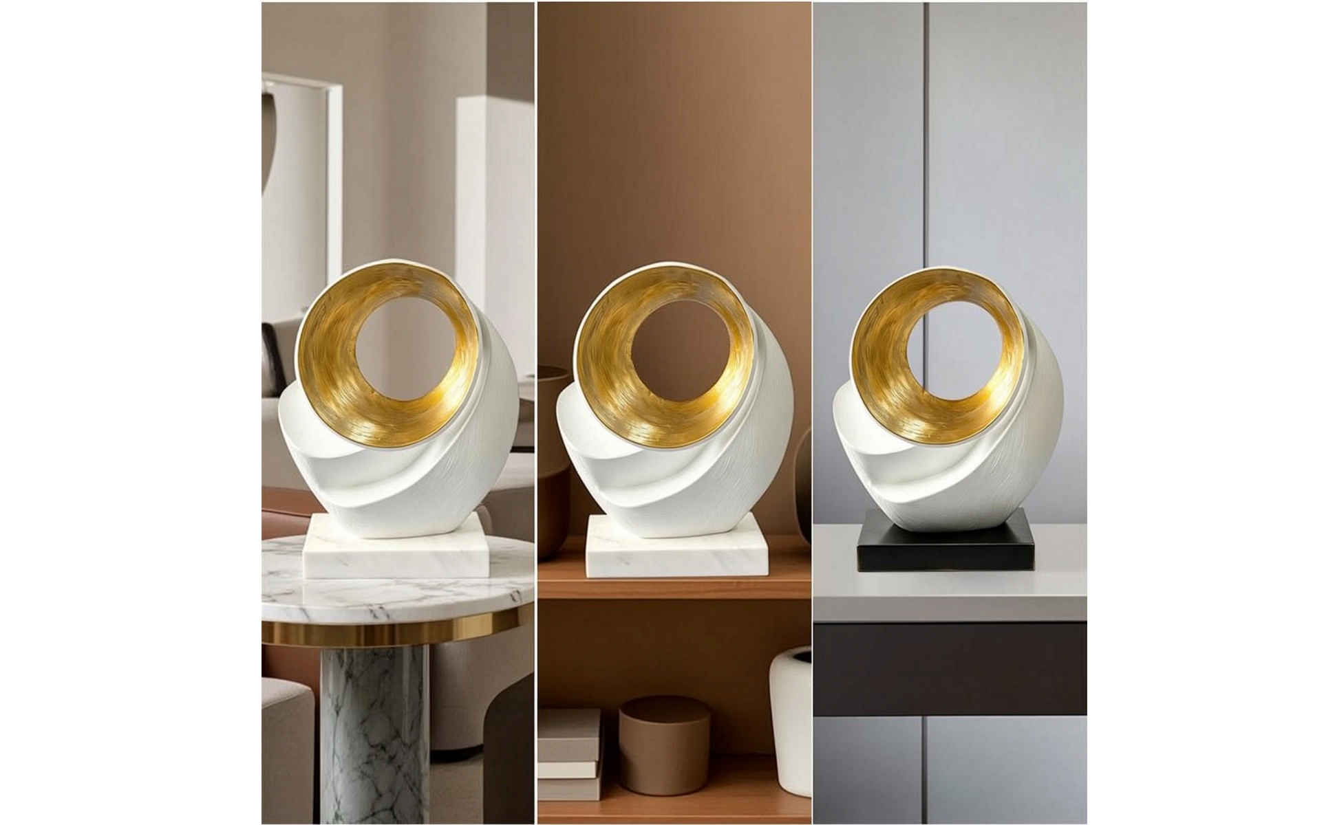 Skulptur mit Kreis Weiß Gold Ringskulptur Abstrakt für Wohnzimmer, Regal