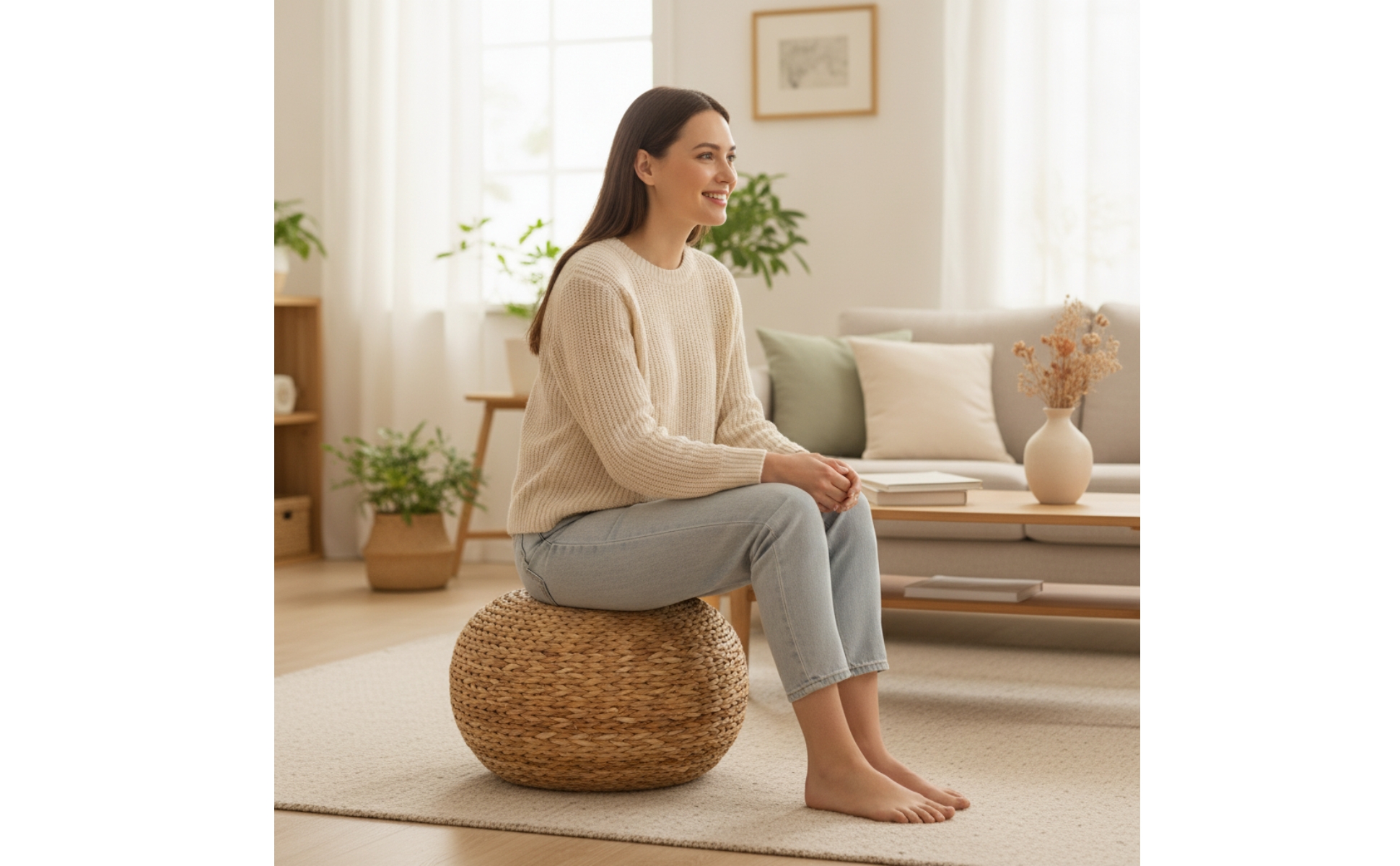 Woven Stool Natural Fiber Pouf Braided for Living Room, Dressing Area