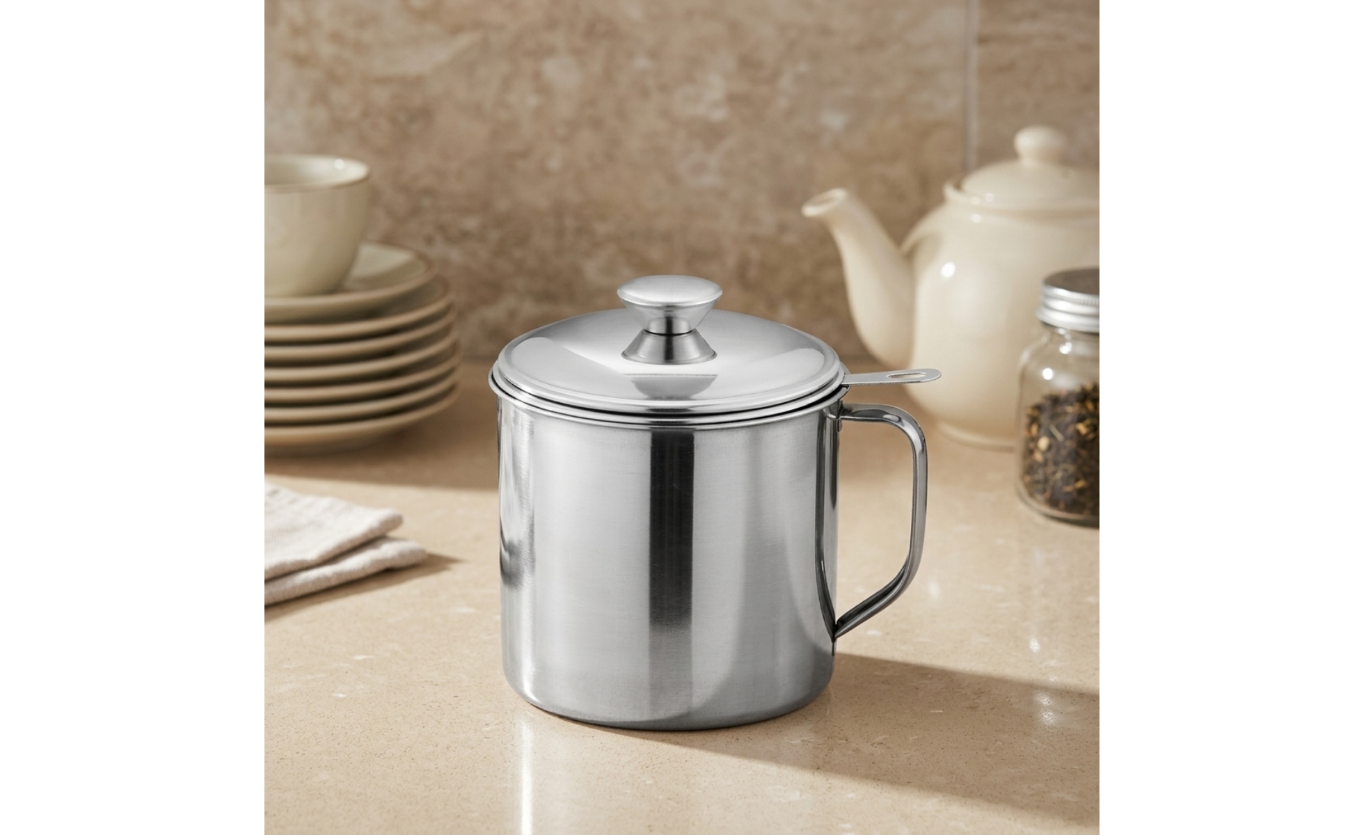 Pot à Huile avec Filtre En Acier Inoxydable Bac à Graisse avec Tamis Inox