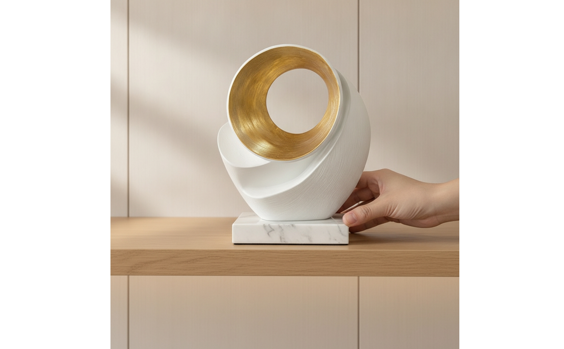 Skulptur mit Kreis Weiß Gold Ringskulptur Abstrakt für Wohnzimmer, Regal