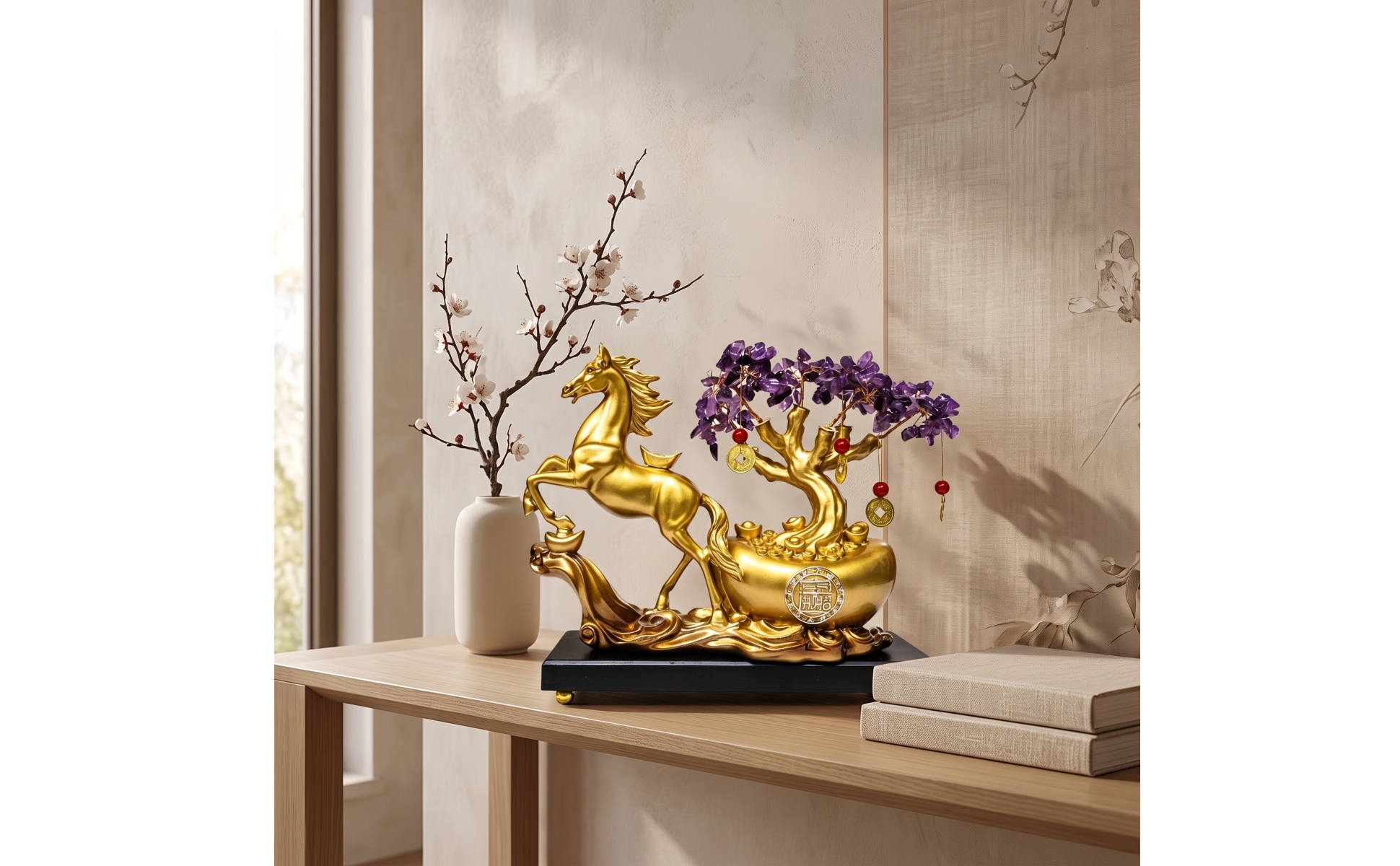 Horse Statue with Wealth Tree Feng Shui Standing Horse Sculpture Gold-Tone