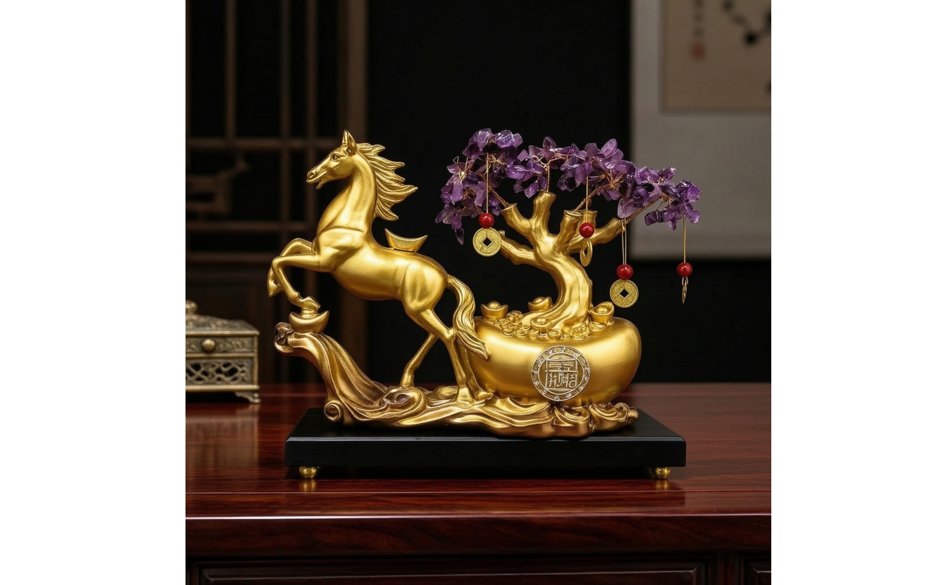 Horse Statue with Wealth Tree Feng Shui Standing Horse Sculpture Gold-Tone