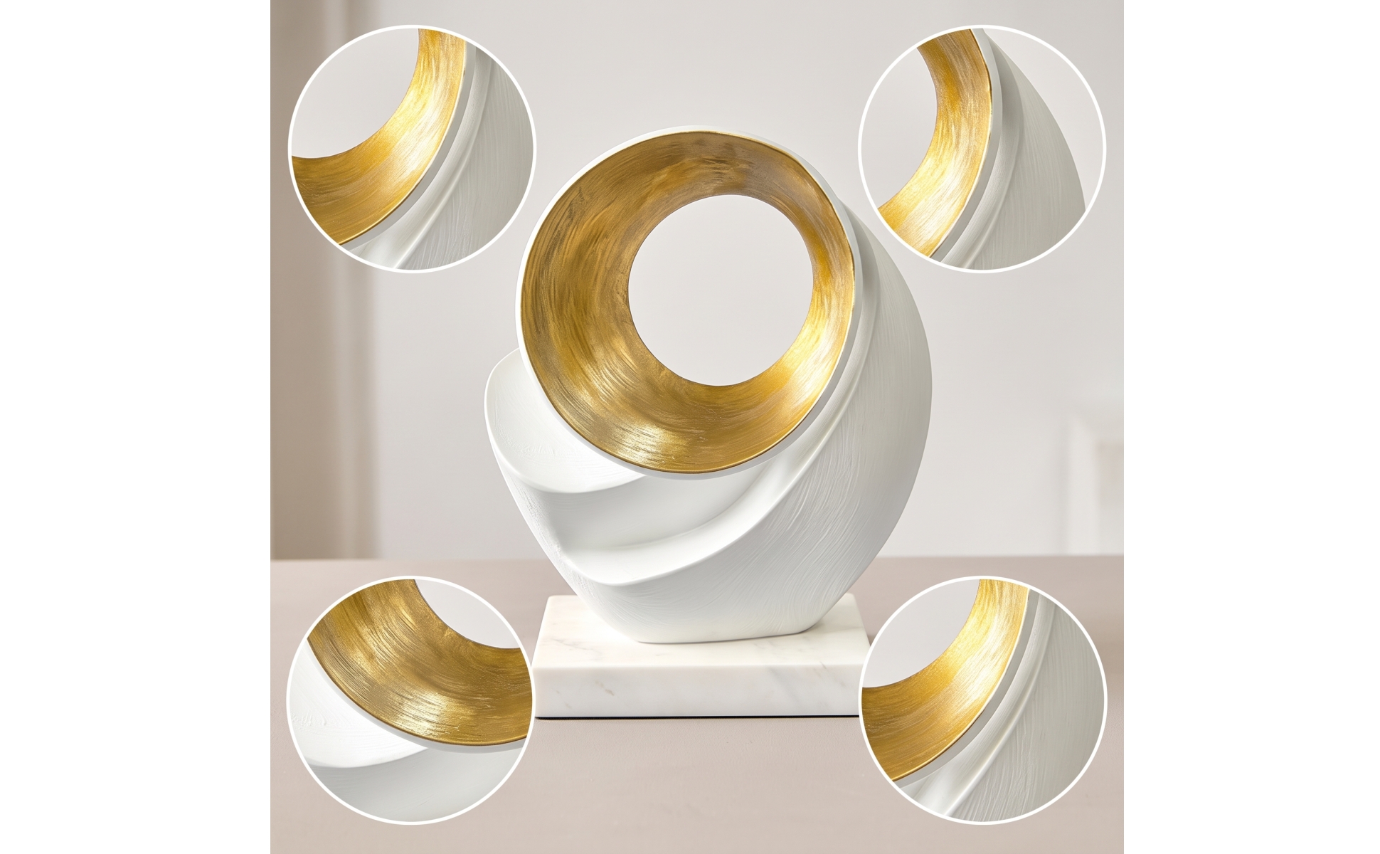Skulptur mit Kreis Weiß Gold Ringskulptur Abstrakt für Wohnzimmer, Regal