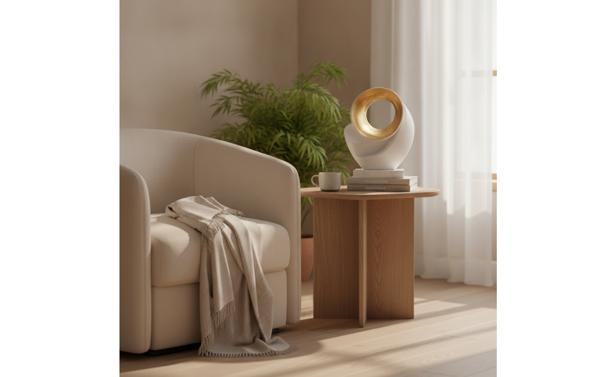 Skulptur mit Kreis Weiß Gold Ringskulptur Abstrakt für Wohnzimmer, Regal