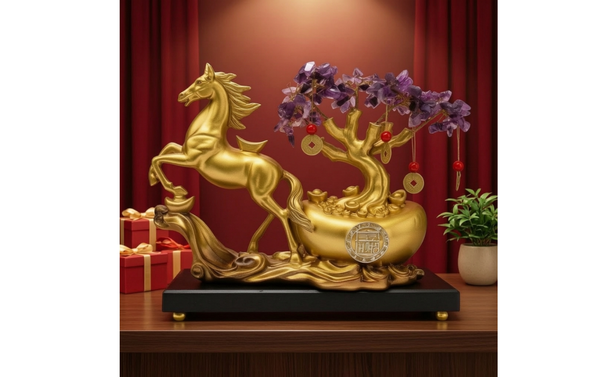 Horse Statue with Wealth Tree Feng Shui Standing Horse Sculpture Gold-Tone