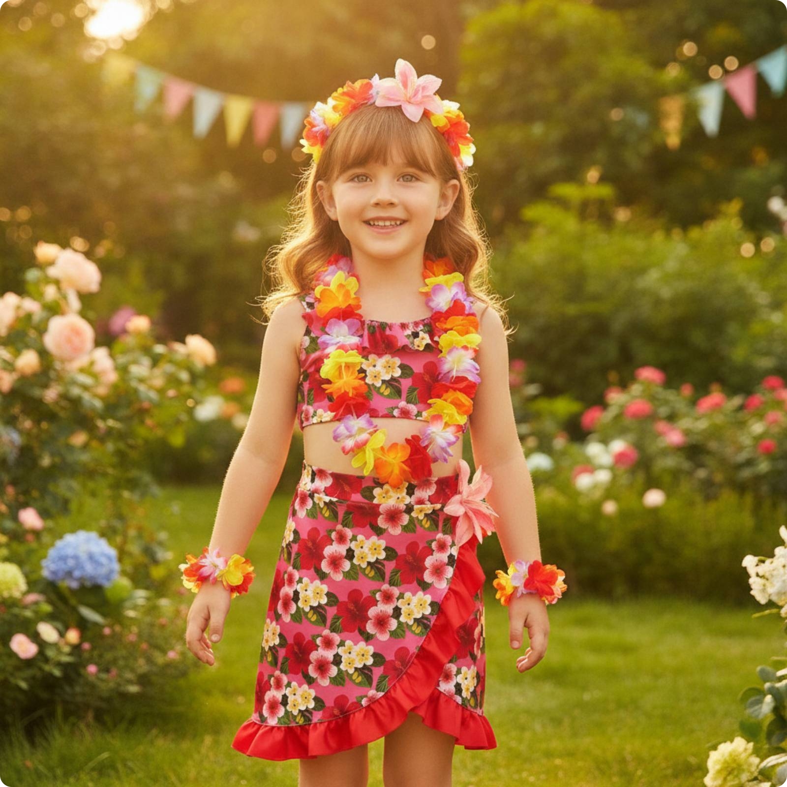 Hawaiikostüm mit Blumenkette Tropisch Mädchenkostüm Fotogen für Fasching,