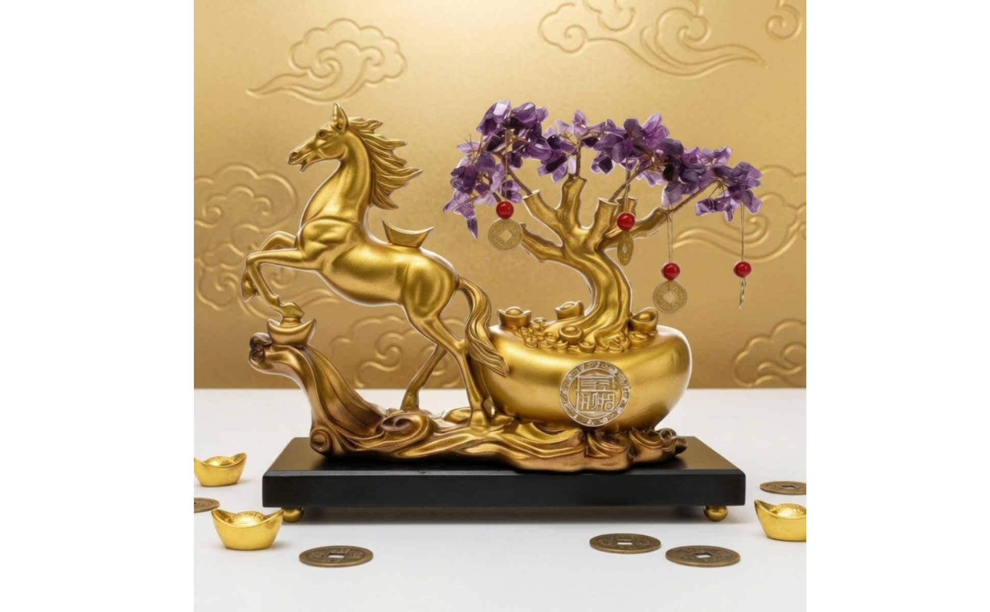 Horse Statue with Wealth Tree Feng Shui Standing Horse Sculpture Gold-Tone