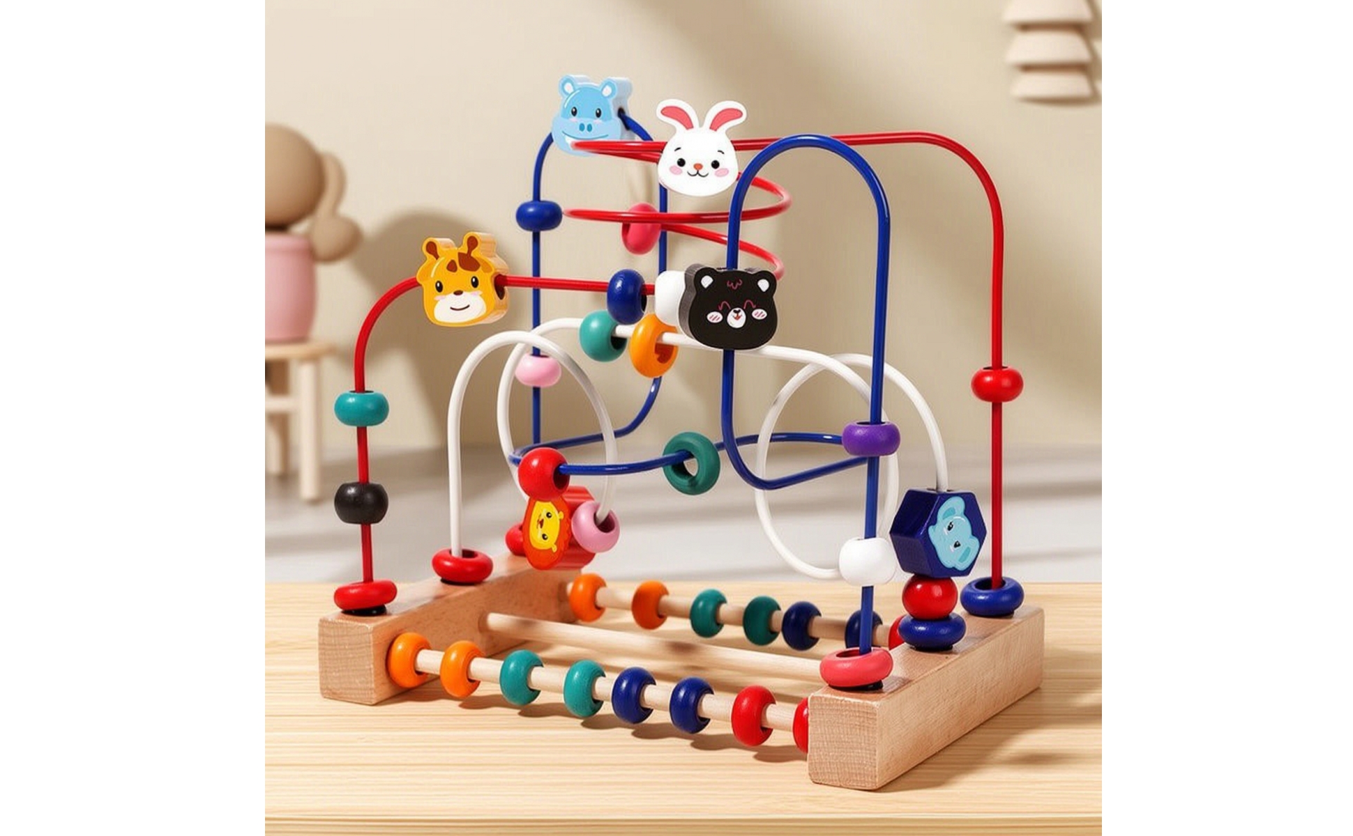 Animal Bead Maze Toy Compact Wooden Bead Maze Tabletop for Daycare, Preschoolers