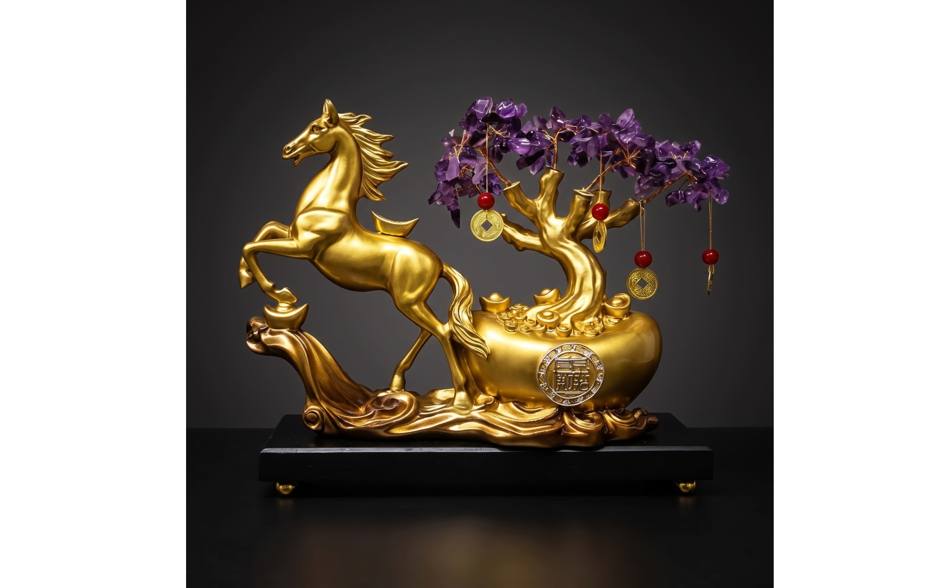 Horse Statue with Wealth Tree Feng Shui Standing Horse Sculpture Gold-Tone