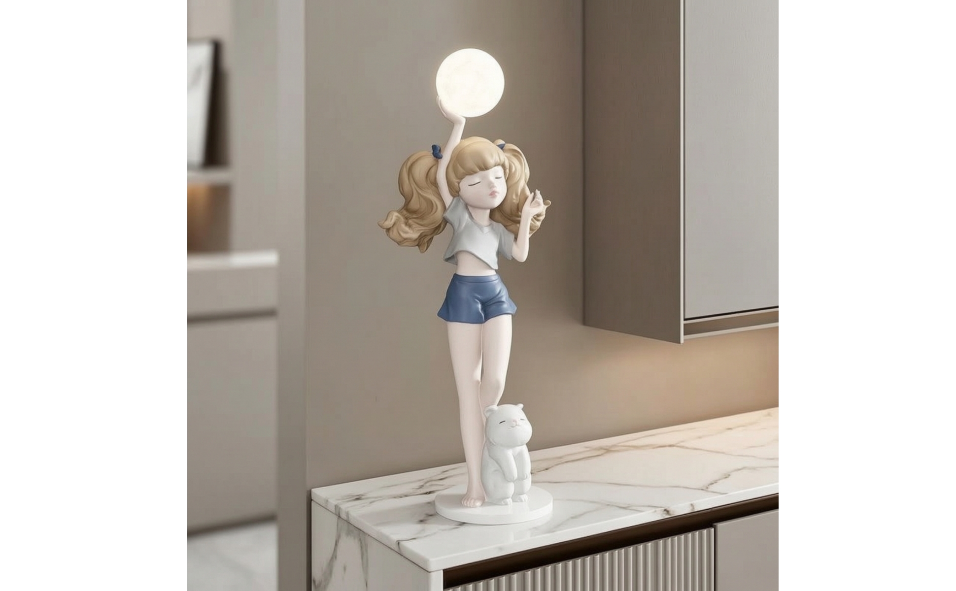 Girl Figurine with Lamp Decorative Girl Statue with Glowing Sphere Playful