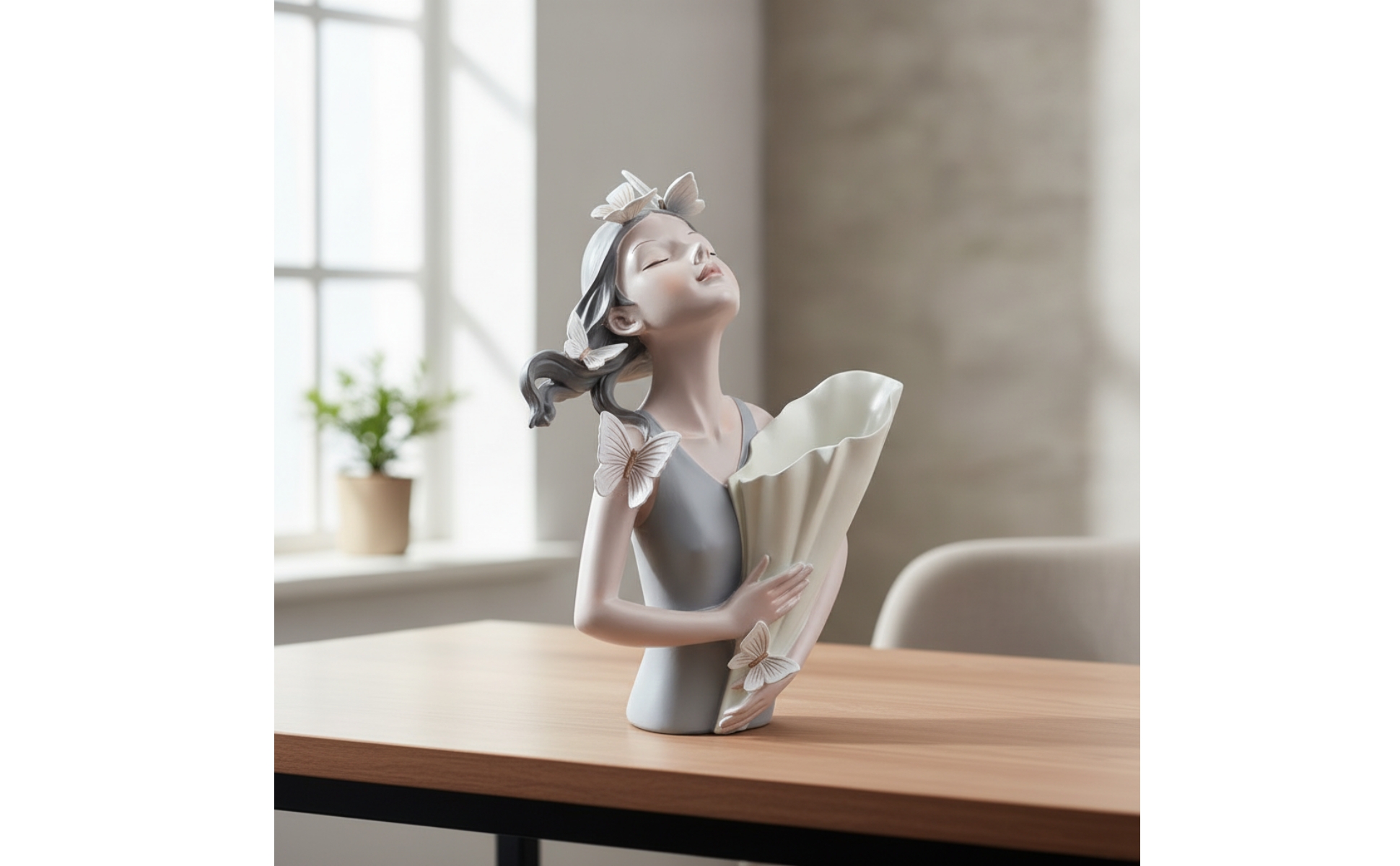 Butterfly Girl Figurine Elegant Girl Statue with Bouquet Tabletop for Homeowners