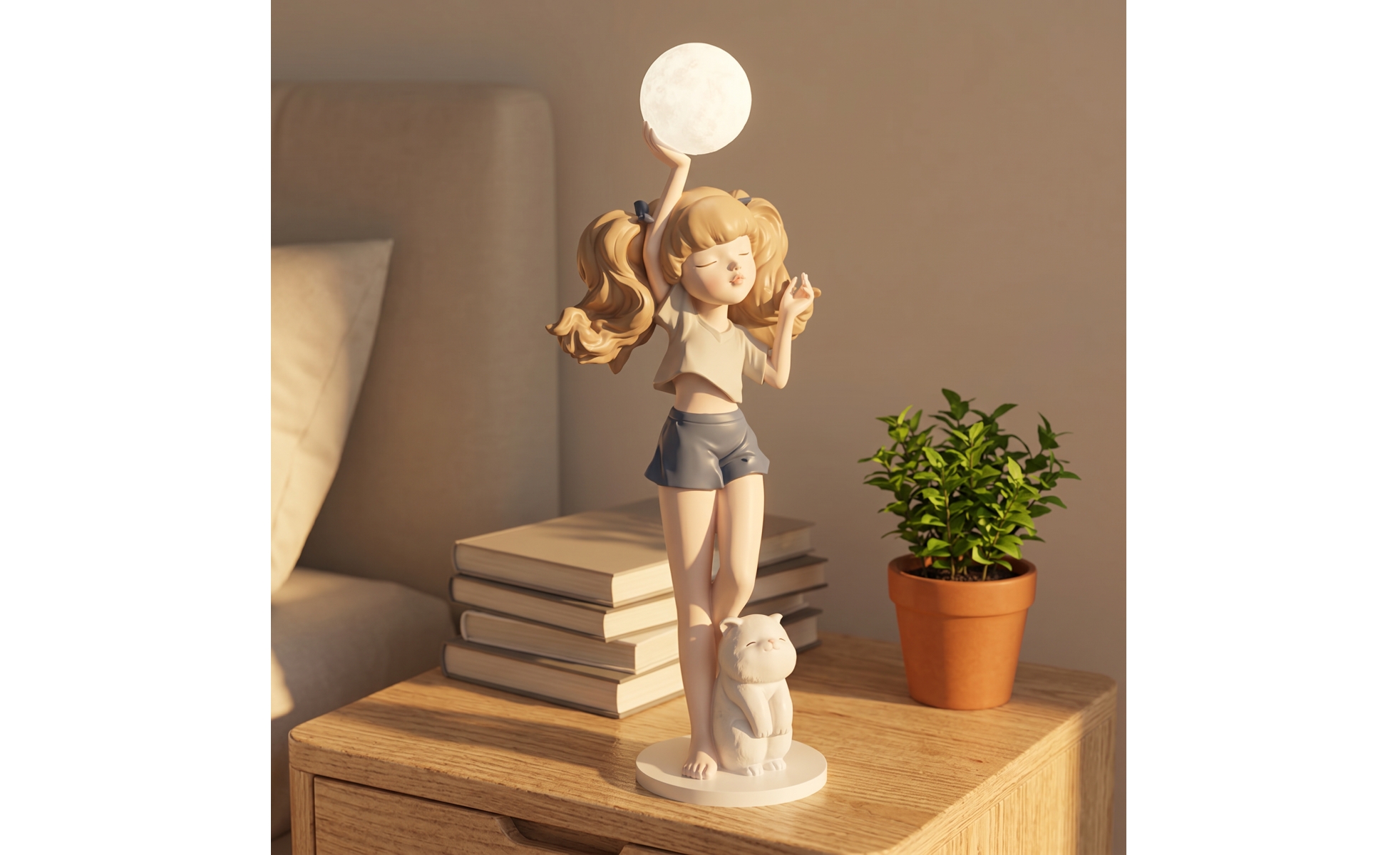 Girl Figurine with Lamp Decorative Girl Statue with Glowing Sphere Playful