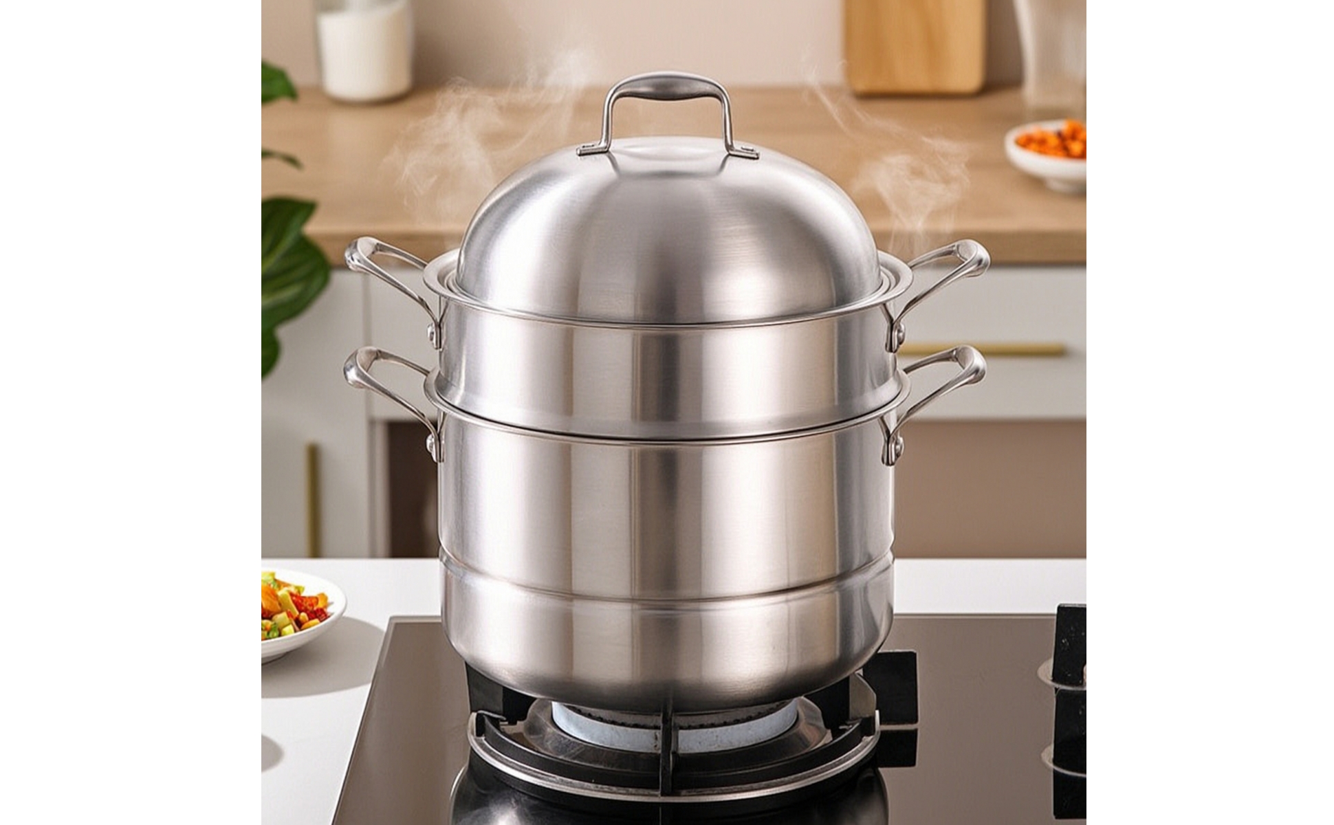 Steamer Pot Stainless Steel Steamer Pot with Lid 3-Layer for Kitchen, Home Cooks