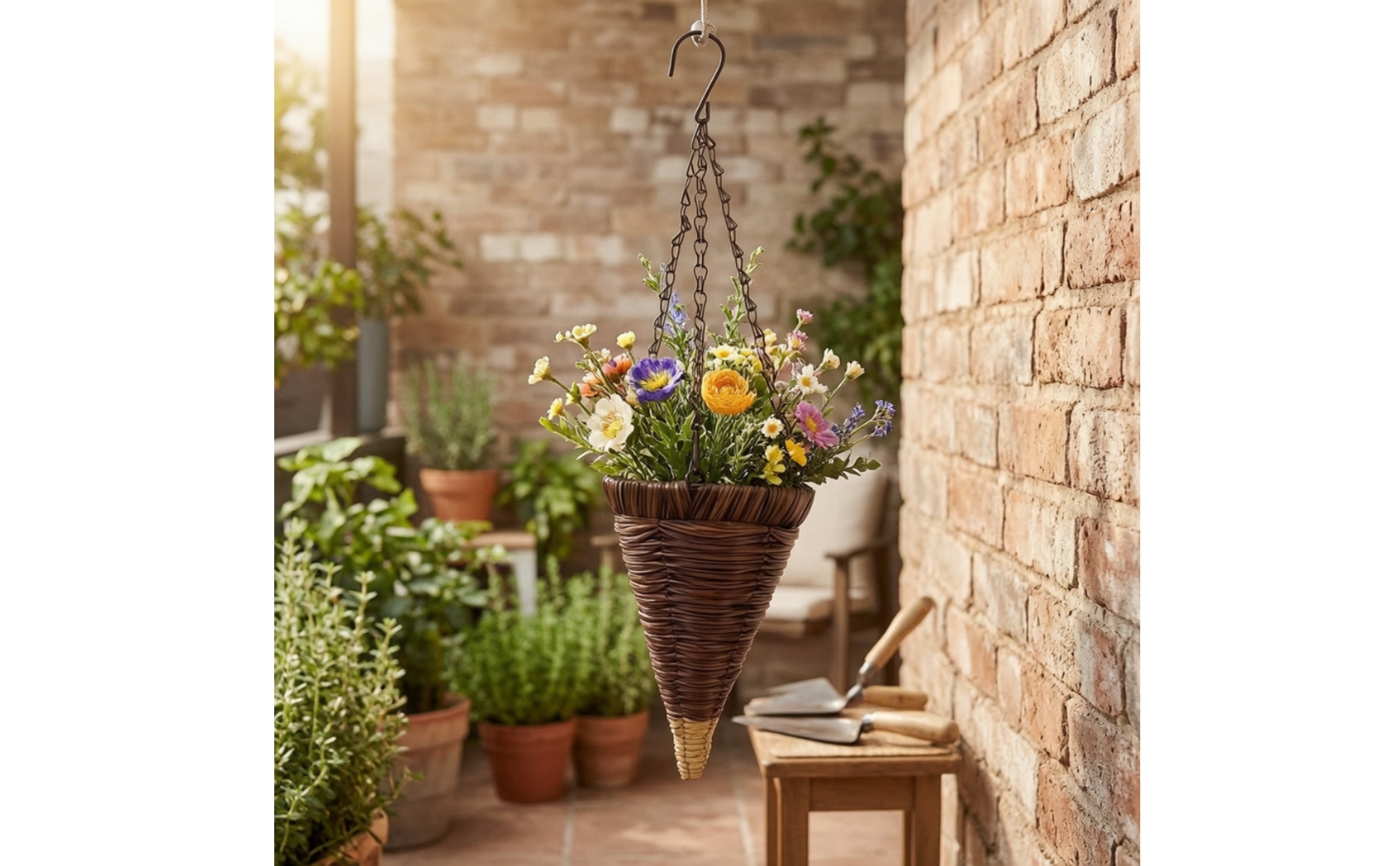Cone Hanging Basket with Chain Rattan-Style Cone Hanging Basket Woven for Garden