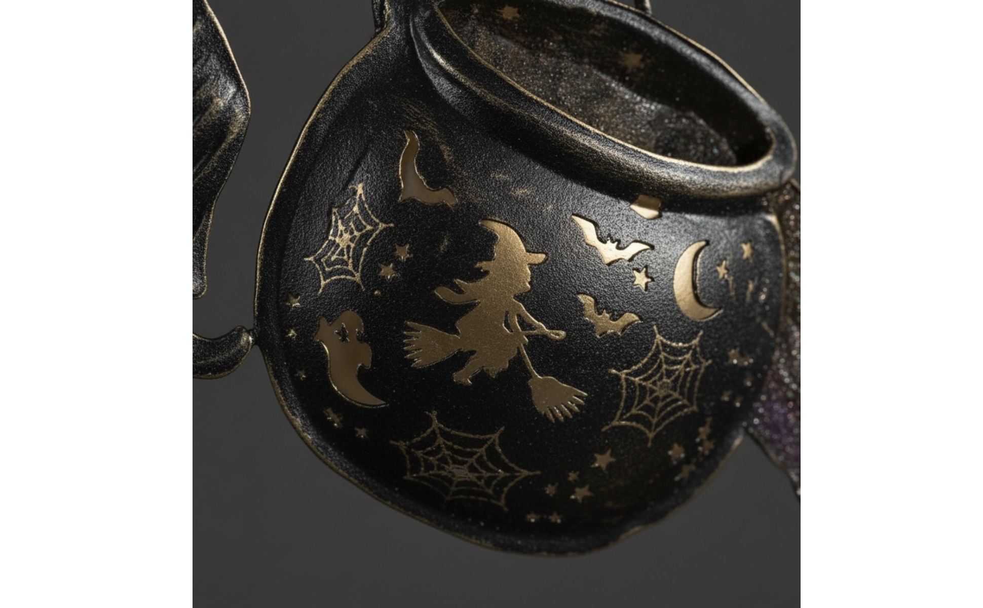 Hexenfigur mit Hexenkessel magisch Hexe mit Topf bunt leuchtend für Vorgarten