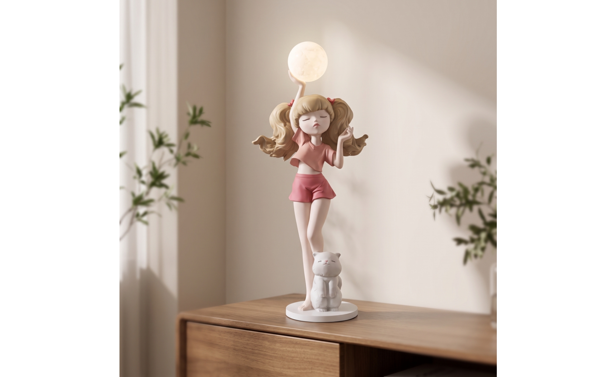 Girl Figurine with Lamp Decorative Girl Statue with Glowing Sphere Playful