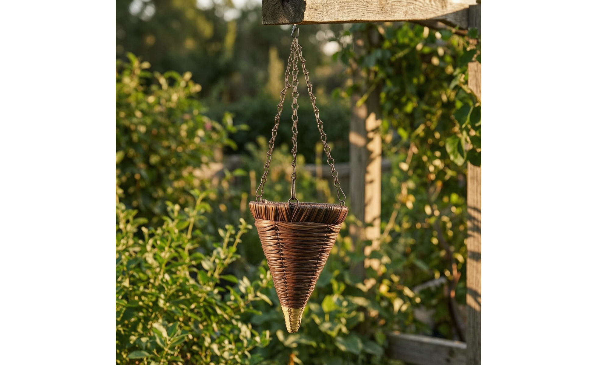 Cone Hanging Basket with Chain Rattan-Style Cone Hanging Basket Woven for Garden