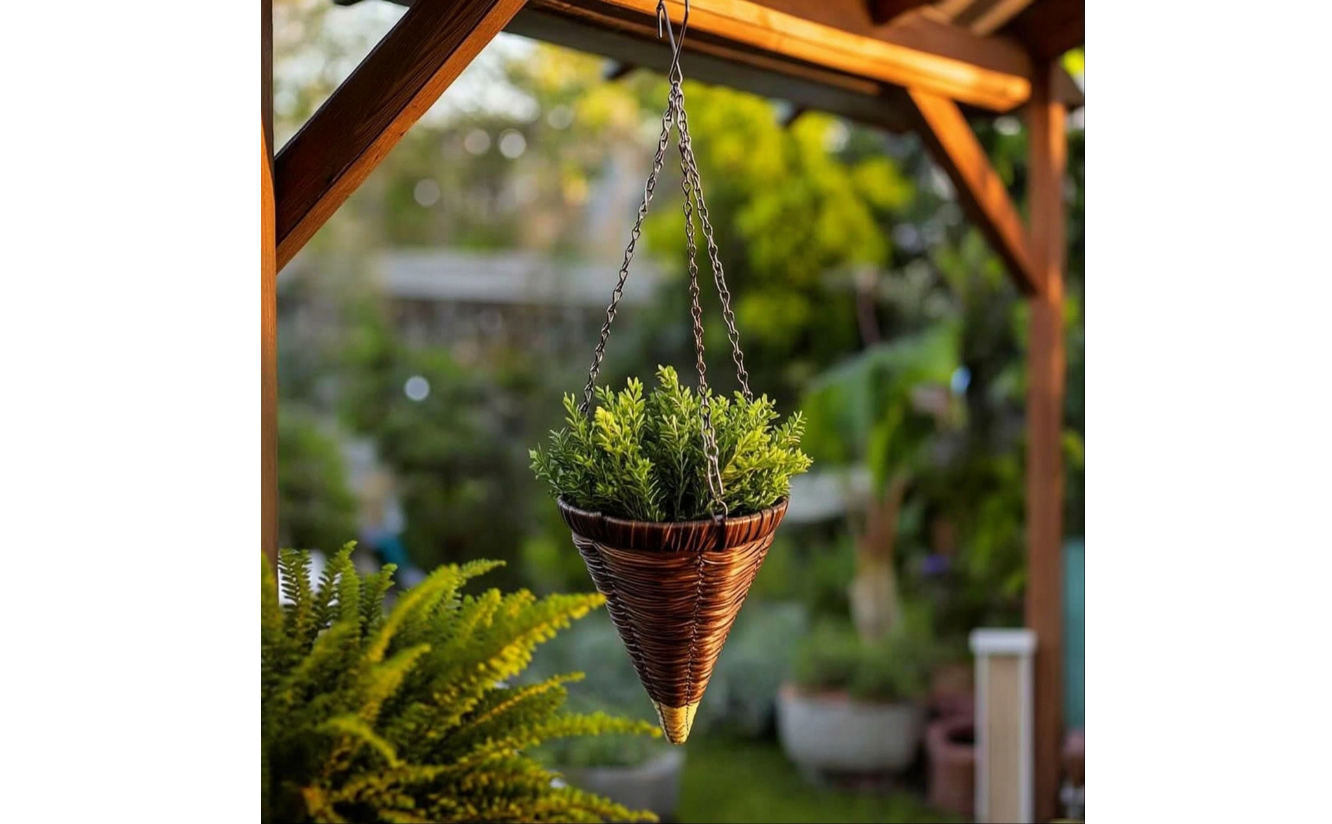 Cone Hanging Basket with Chain Rattan-Style Cone Hanging Basket Woven for Garden