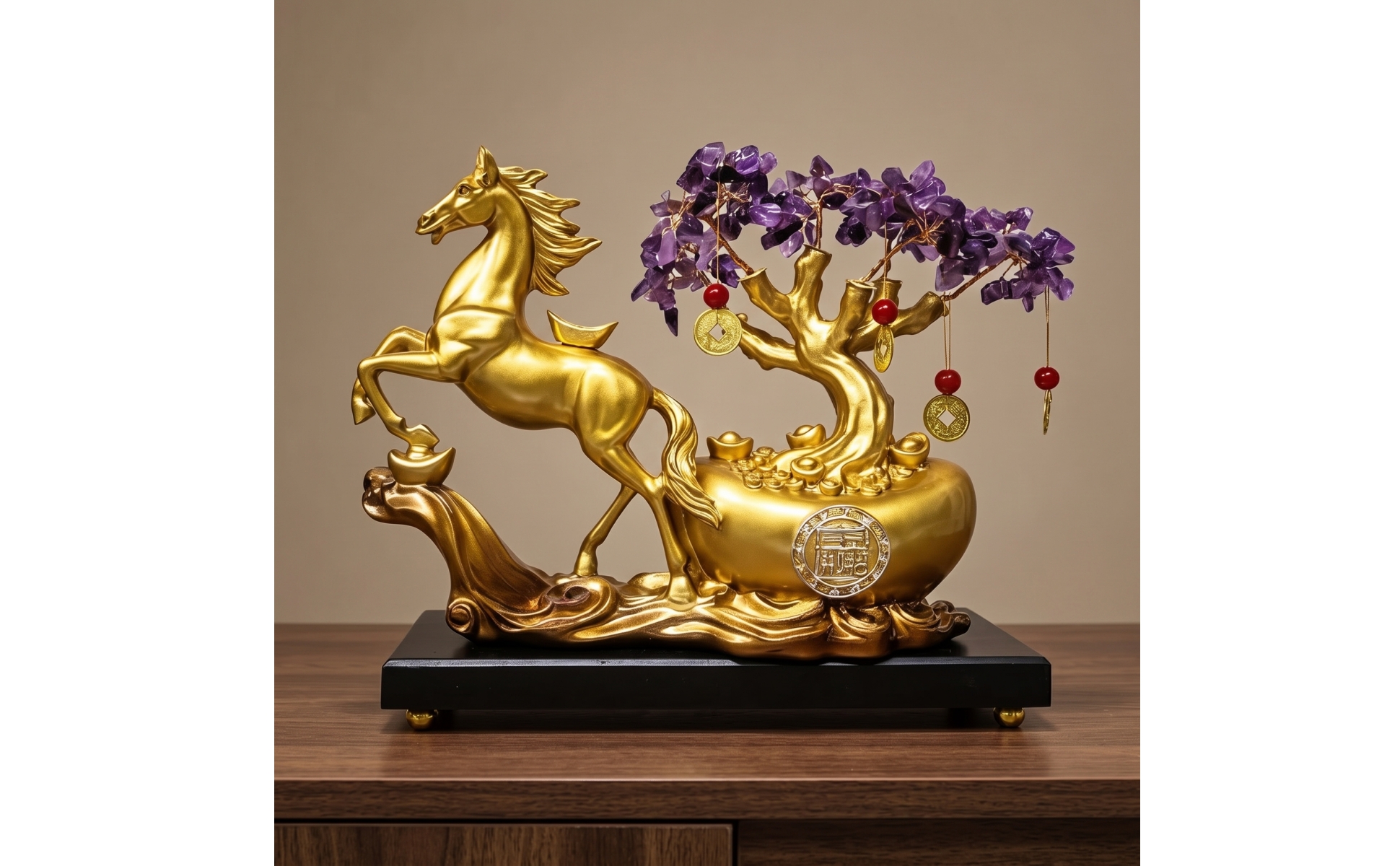 Horse Statue with Wealth Tree Feng Shui Standing Horse Sculpture Gold-Tone