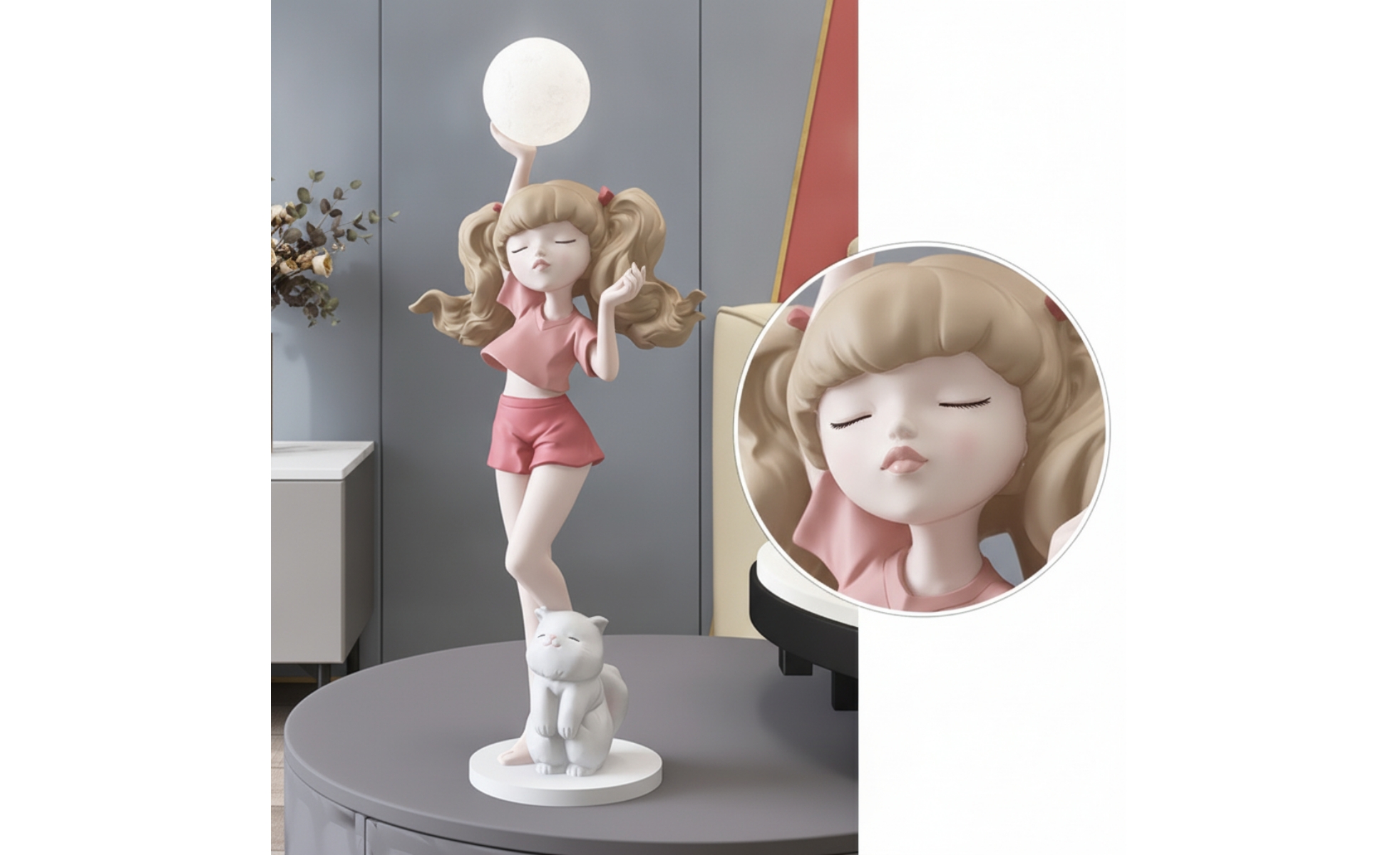 Girl Figurine with Lamp Decorative Girl Statue with Glowing Sphere Playful