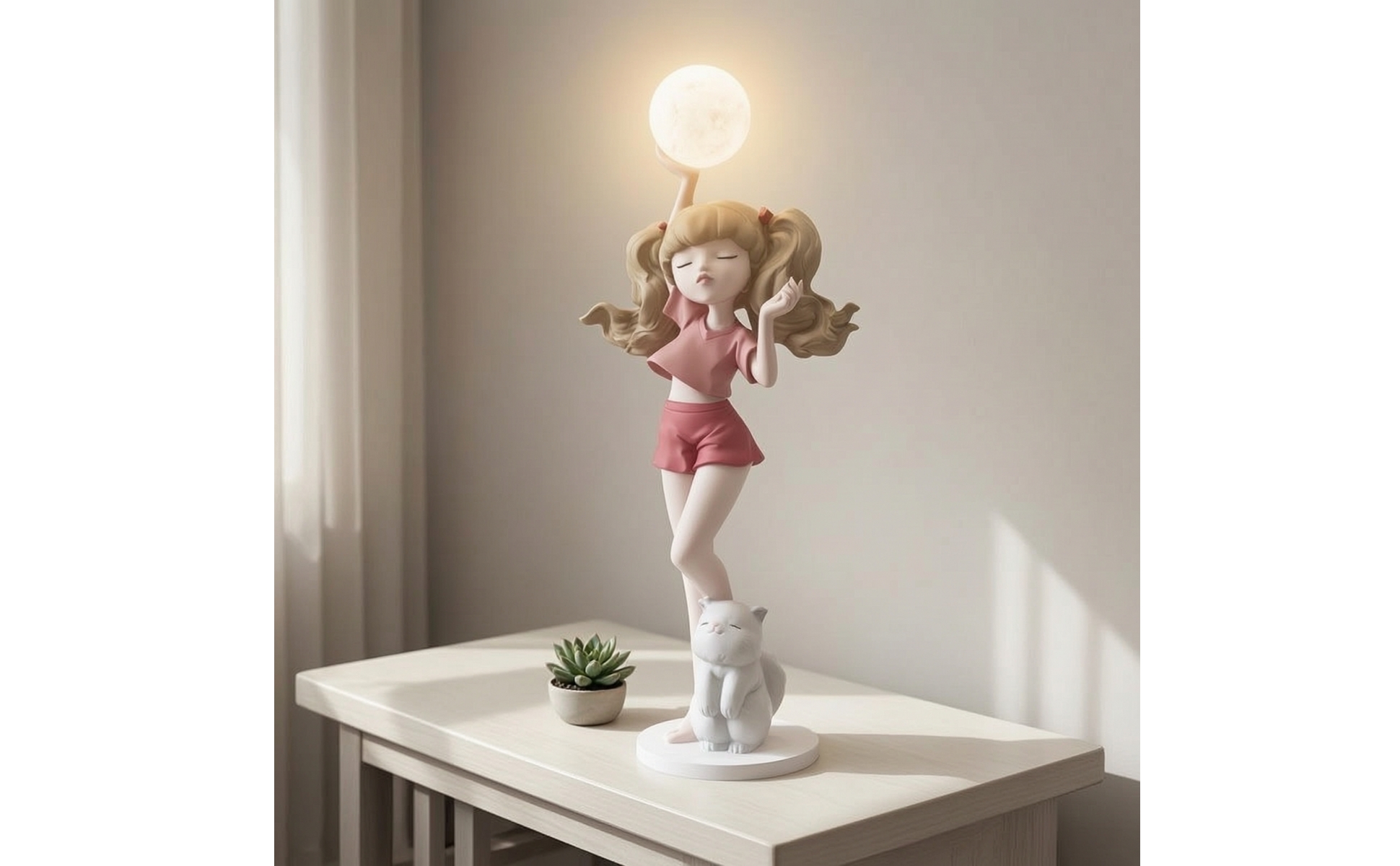 Girl Figurine with Lamp Decorative Girl Statue with Glowing Sphere Playful