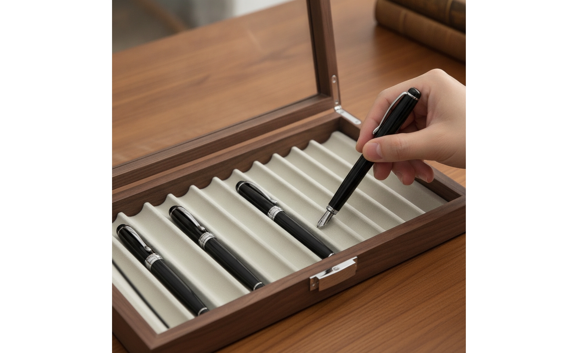 Wooden Pen Box with Glass Lid Executive Wood Pen Display Box Lined for Desktop