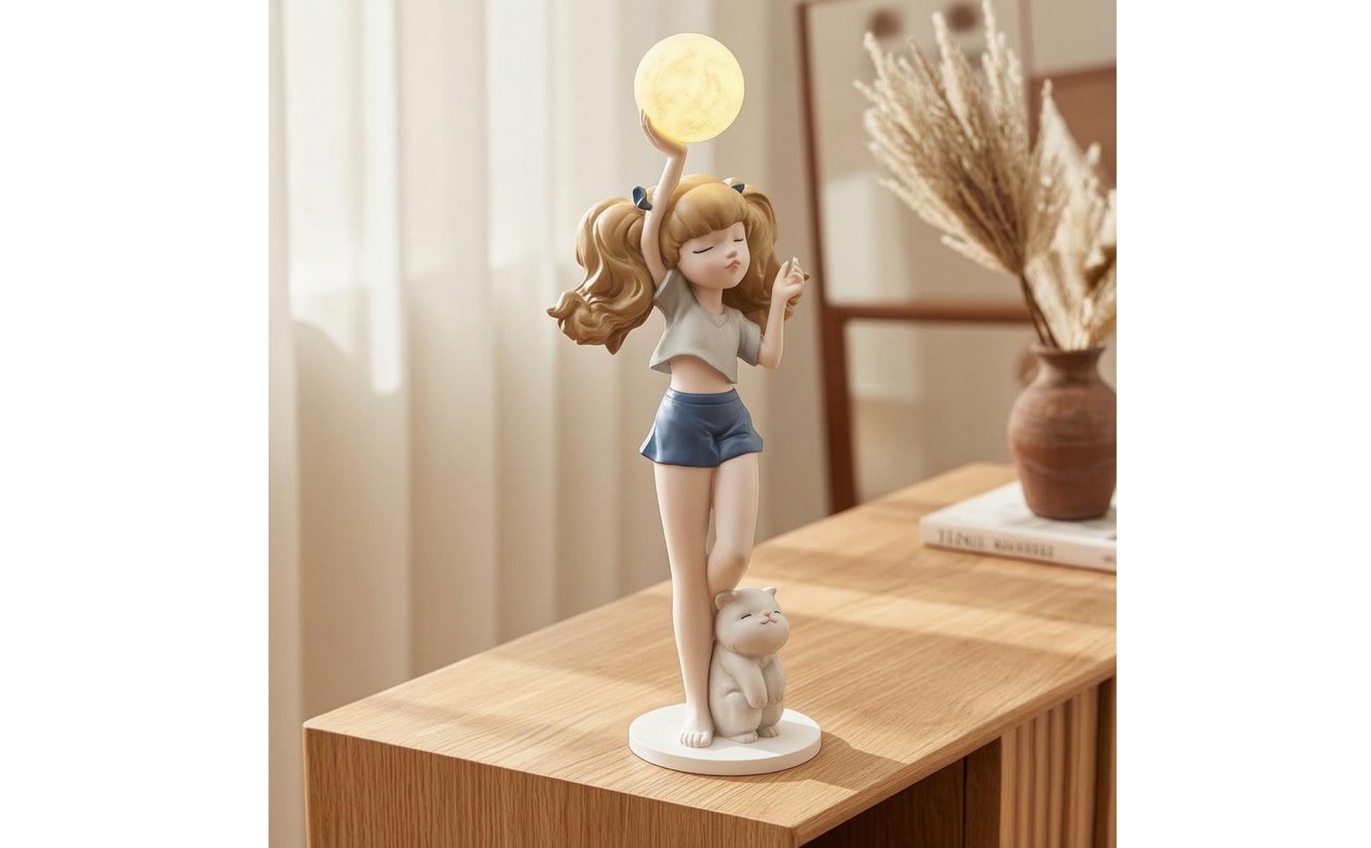 Girl Figurine with Lamp Decorative Girl Statue with Glowing Sphere Playful