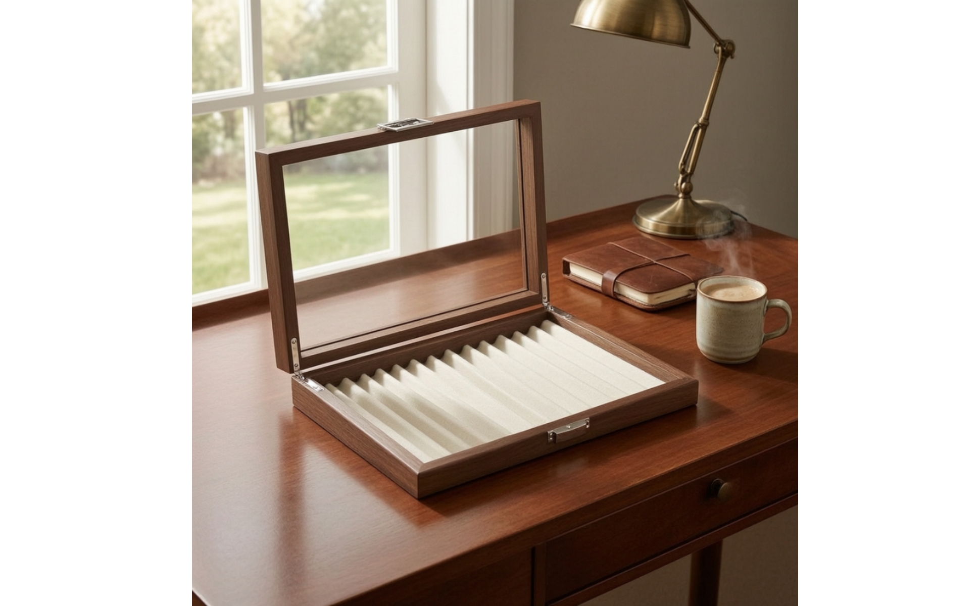 Wooden Pen Box with Glass Lid Executive Wood Pen Display Box Lined for Desktop