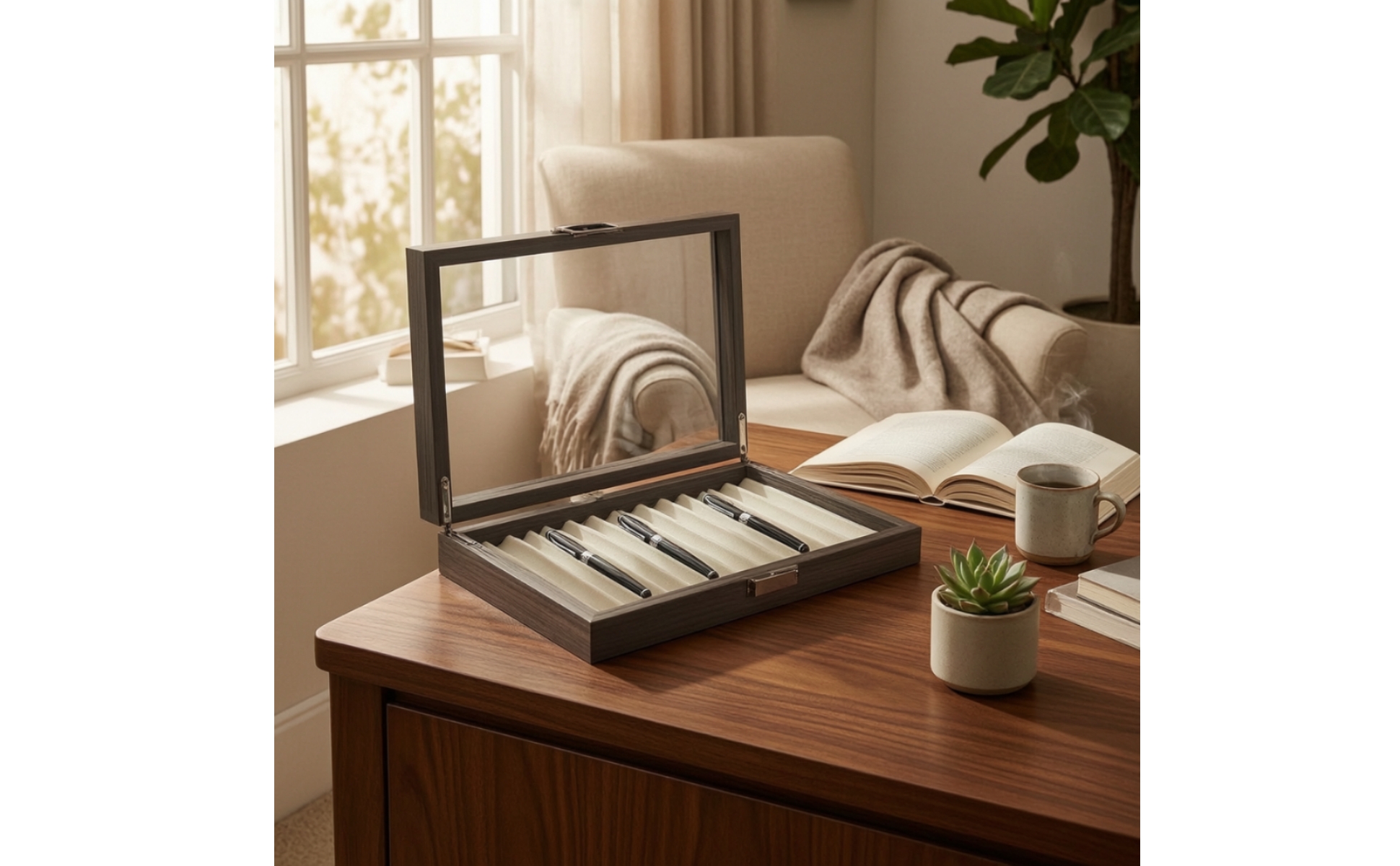 Wooden Pen Box with Glass Lid Executive Wood Pen Display Box Lined for Desktop