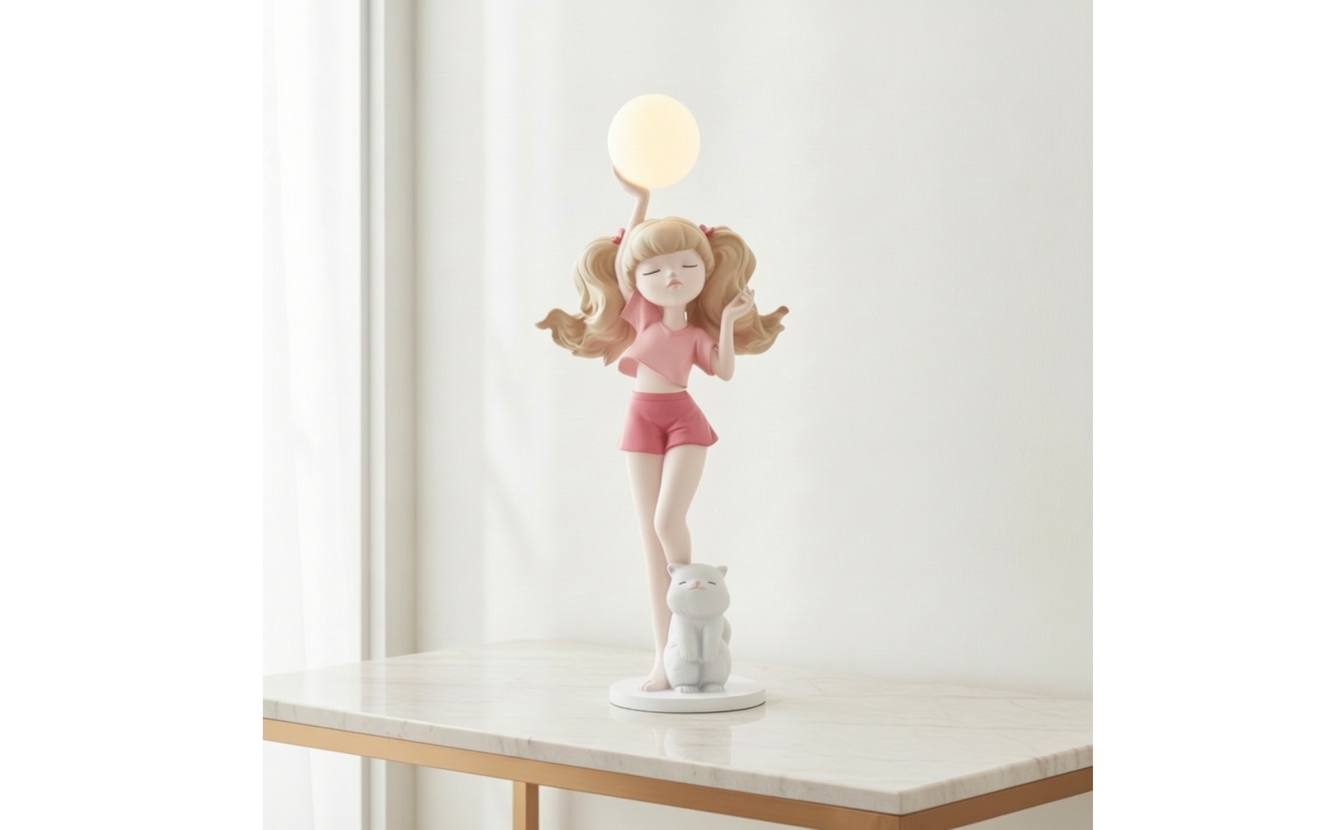 Girl Figurine with Lamp Decorative Girl Statue with Glowing Sphere Playful
