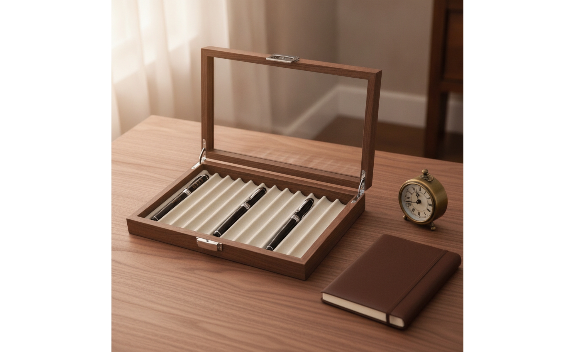 Wooden Pen Box with Glass Lid Executive Wood Pen Display Box Lined for Desktop