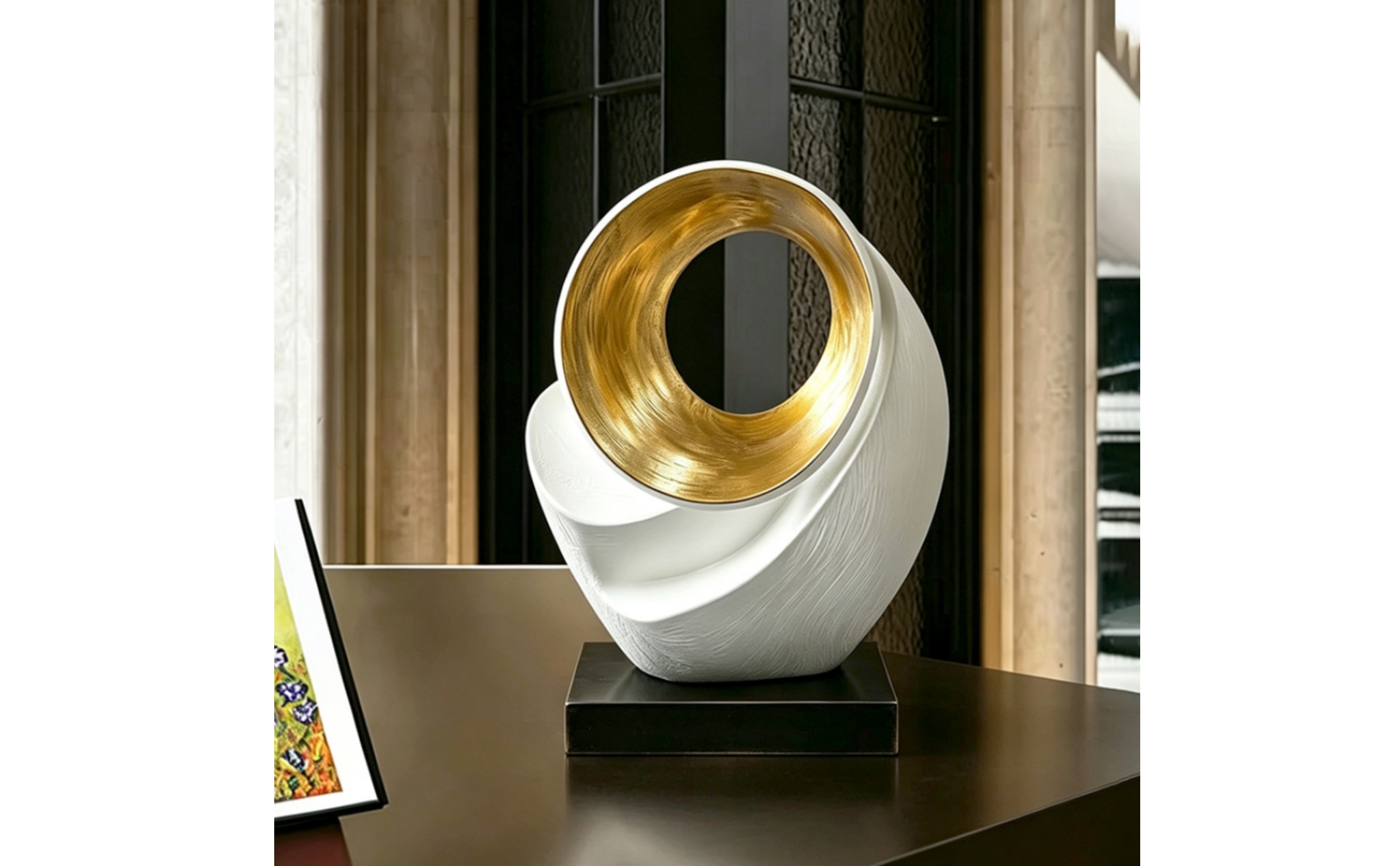 Skulptur mit Kreis Weiß Gold Ringskulptur Abstrakt für Wohnzimmer, Regal