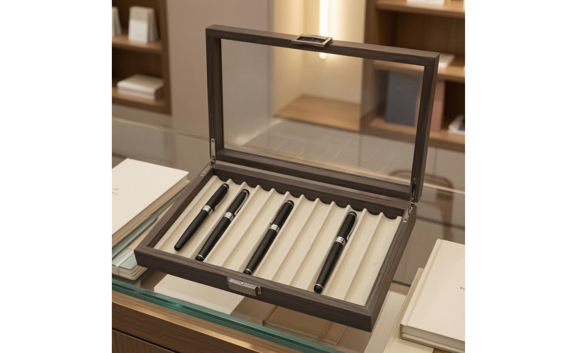 Wooden Pen Box with Glass Lid Executive Wood Pen Display Box Lined for Desktop