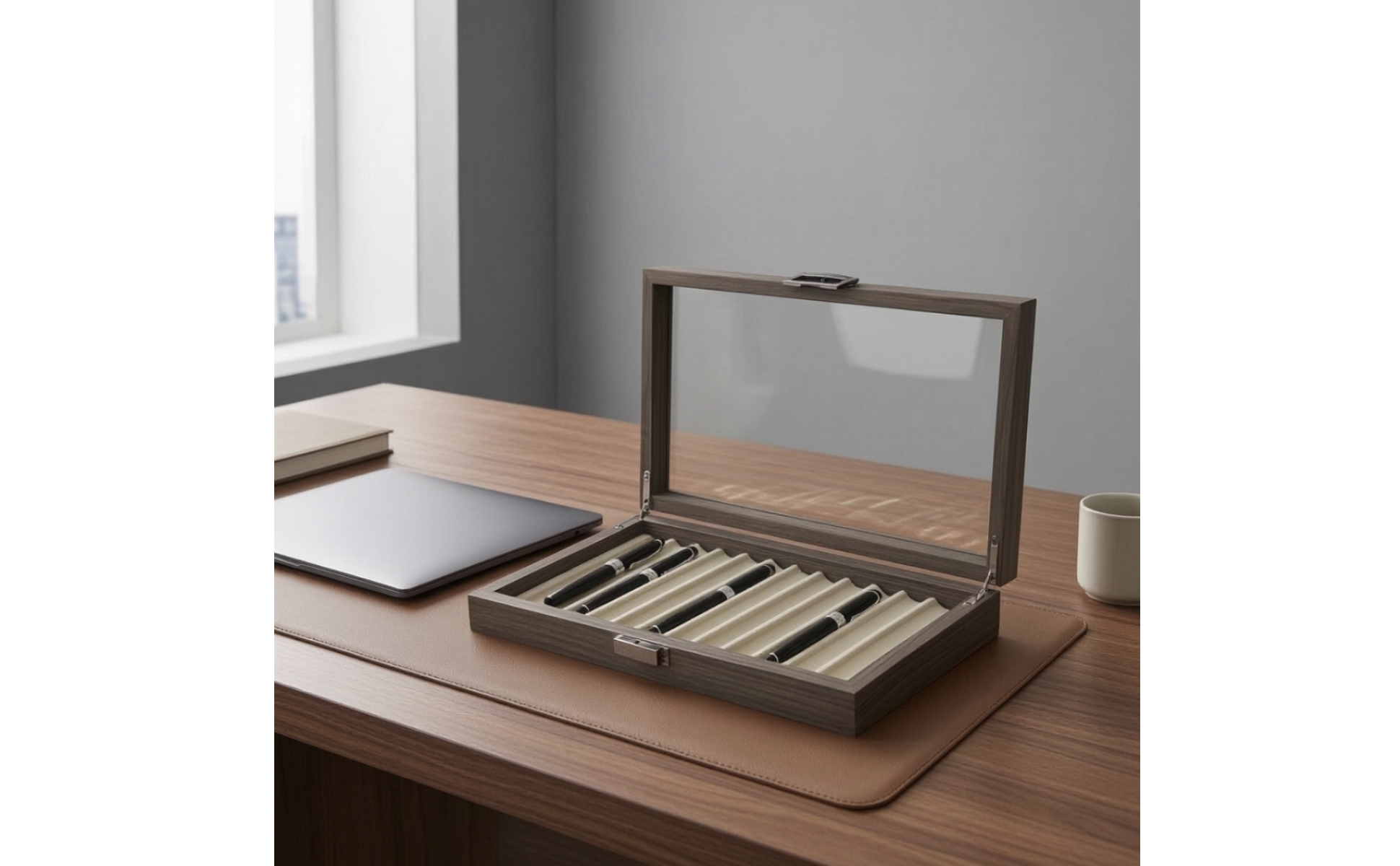 Wooden Pen Box with Glass Lid Executive Wood Pen Display Box Lined for Desktop