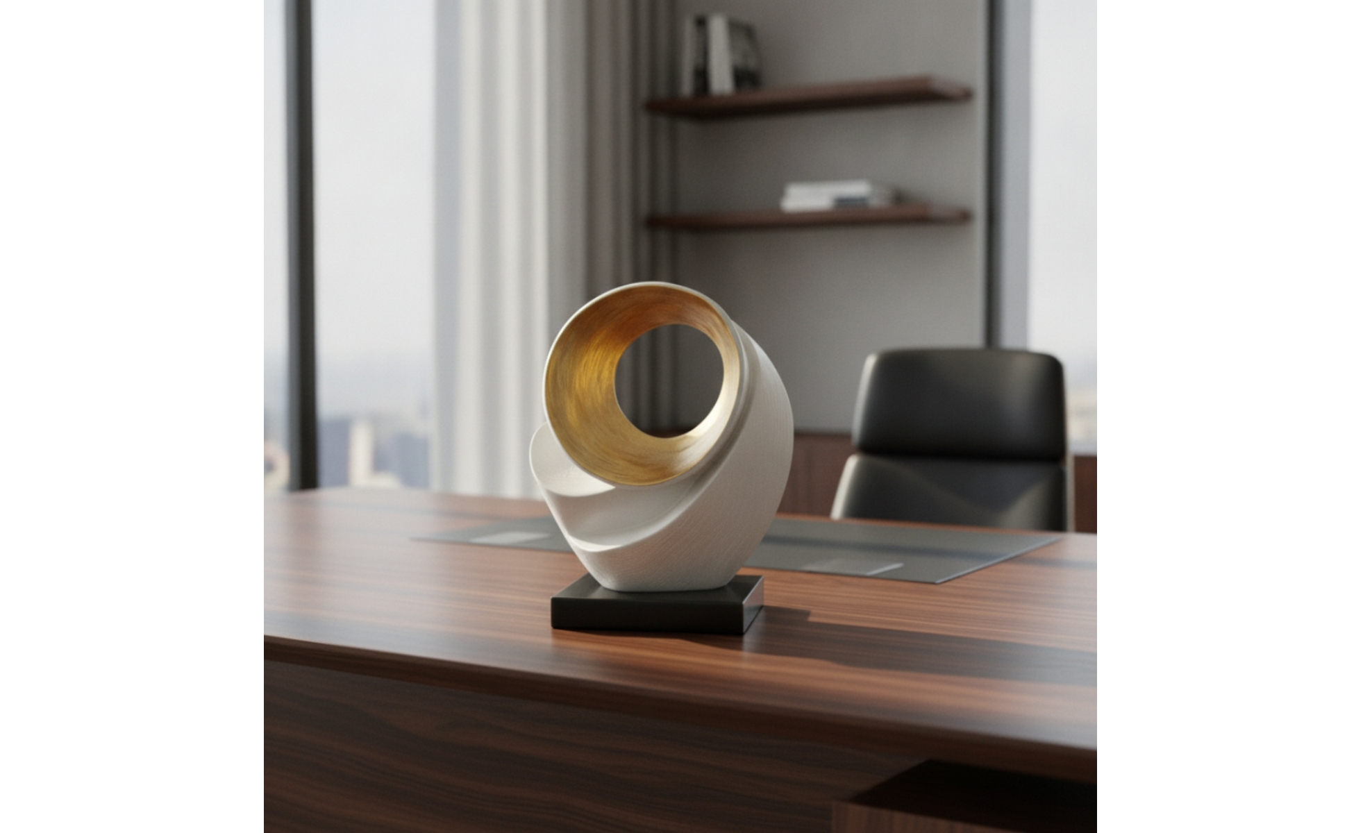 Skulptur mit Kreis Weiß Gold Ringskulptur Abstrakt für Wohnzimmer, Regal