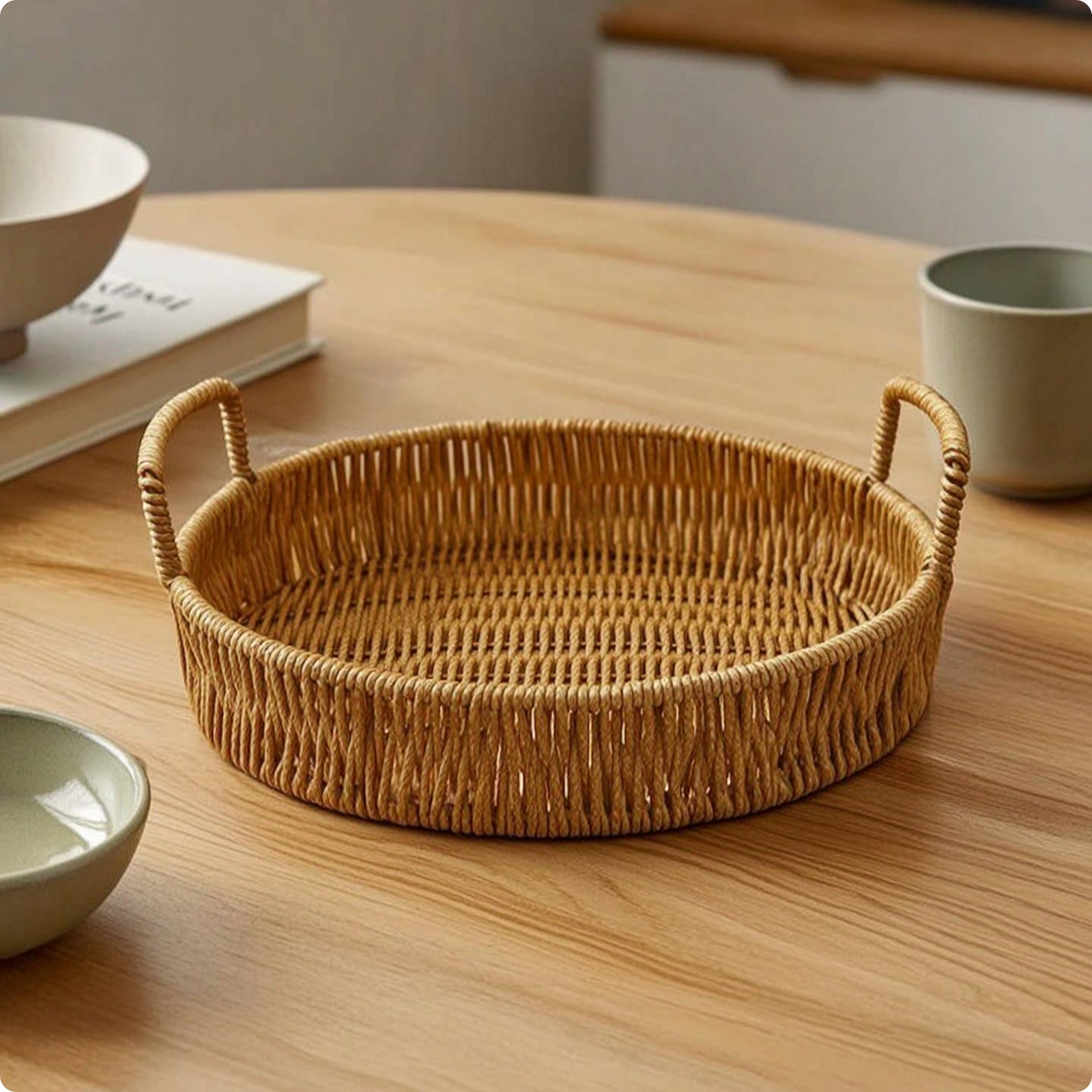 Rattan Tray with Handles Shallow Woven Tray with Handles Sturdy for Countertop