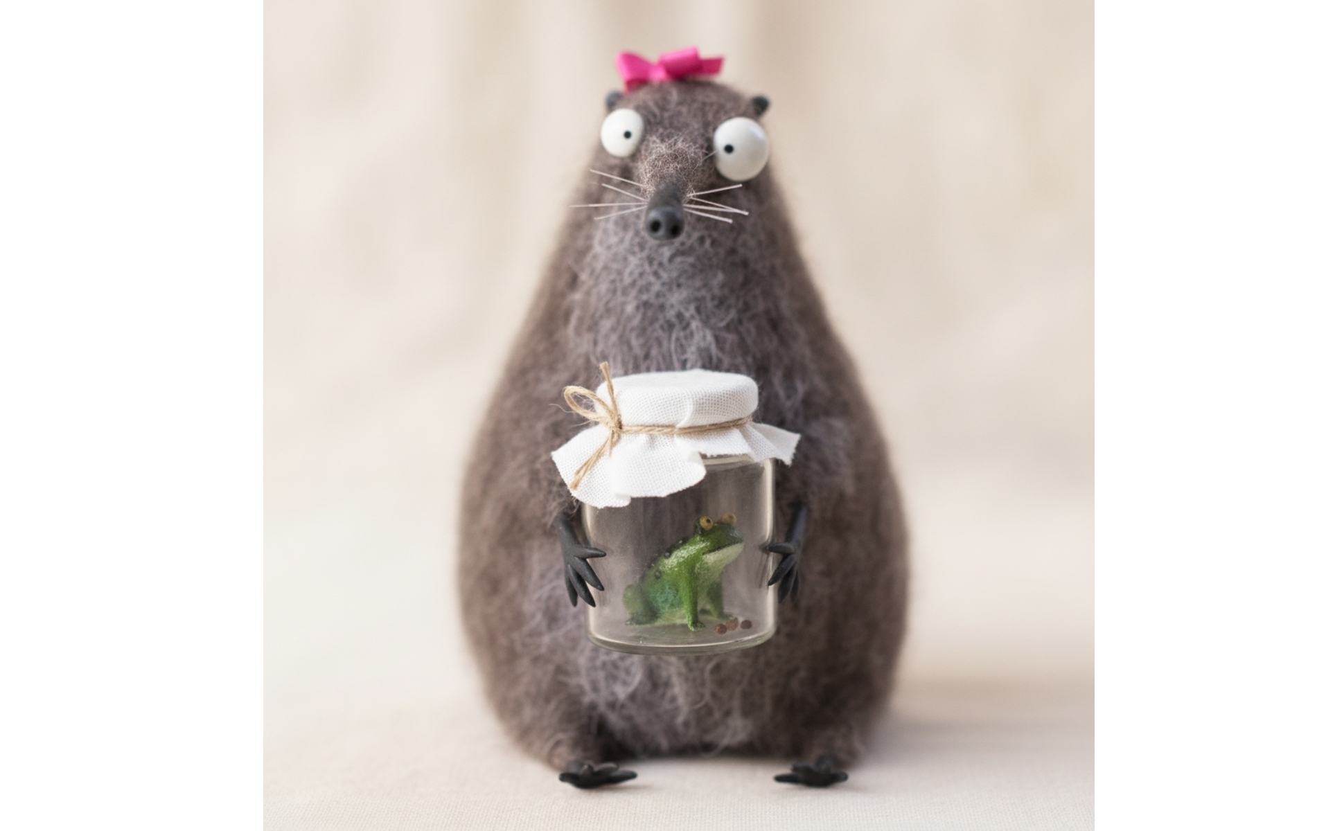 Felt Figurine with Jar Needle-Felted Felt Animal Figurine Handmade for Shelf