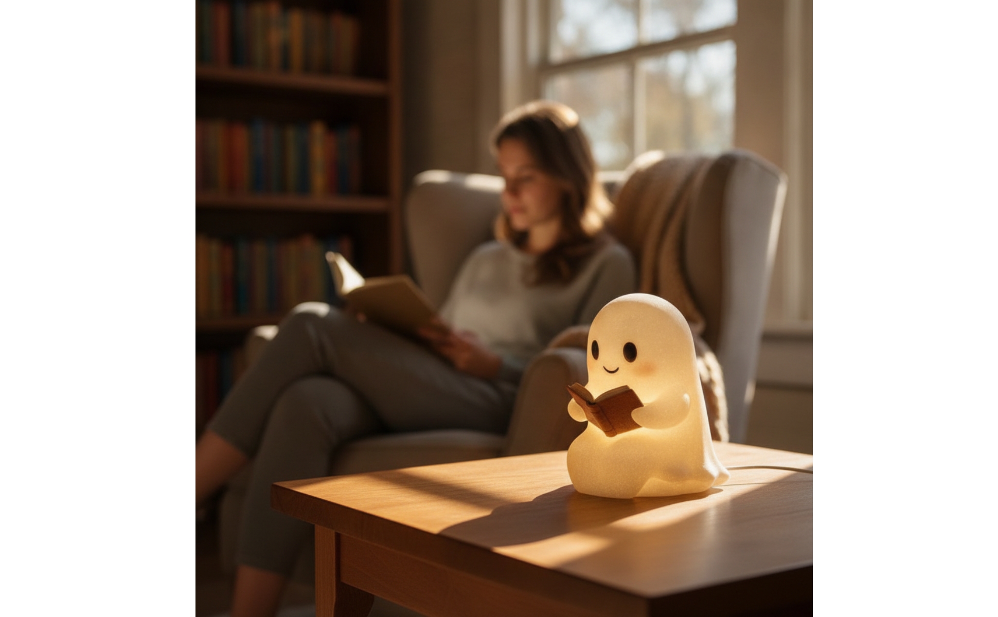 Ghost Night Light with Book Cute Ghost Reading Book Lamp Adorable for Bookshelf