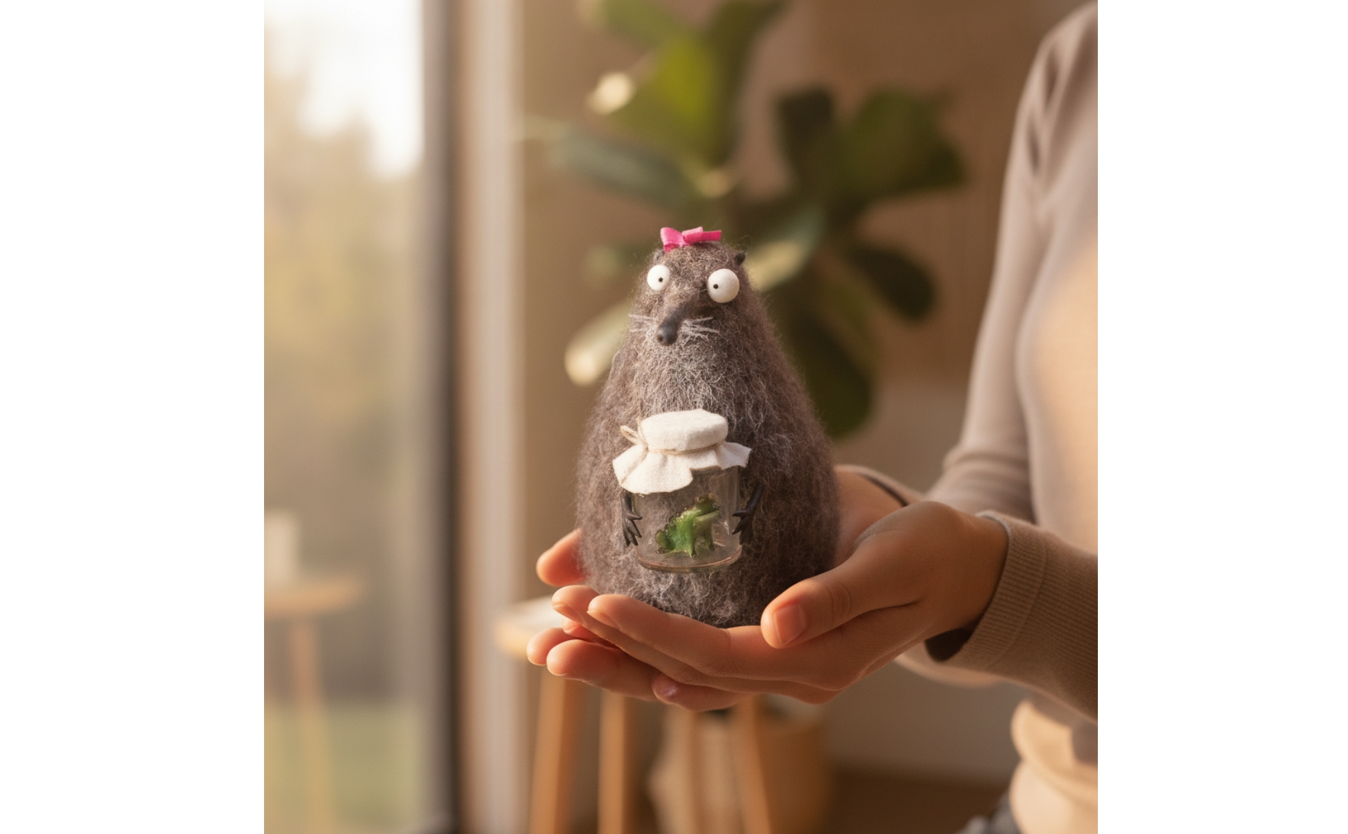 Felt Figurine with Jar Needle-Felted Felt Animal Figurine Handmade for Shelf