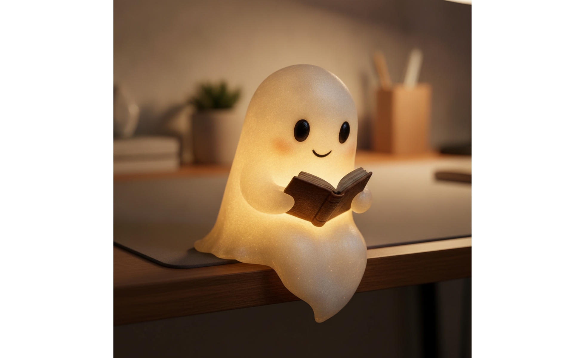 Ghost Night Light with Book Cute Ghost Reading Book Lamp Adorable for Bookshelf