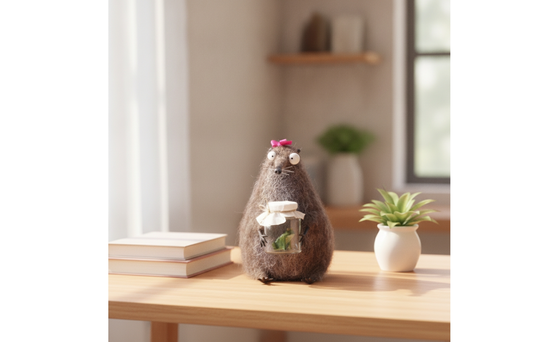 Felt Figurine with Jar Needle-Felted Felt Animal Figurine Handmade for Shelf