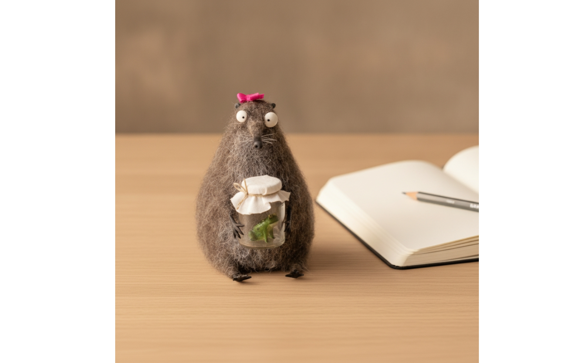 Felt Figurine with Jar Needle-Felted Felt Animal Figurine Handmade for Shelf