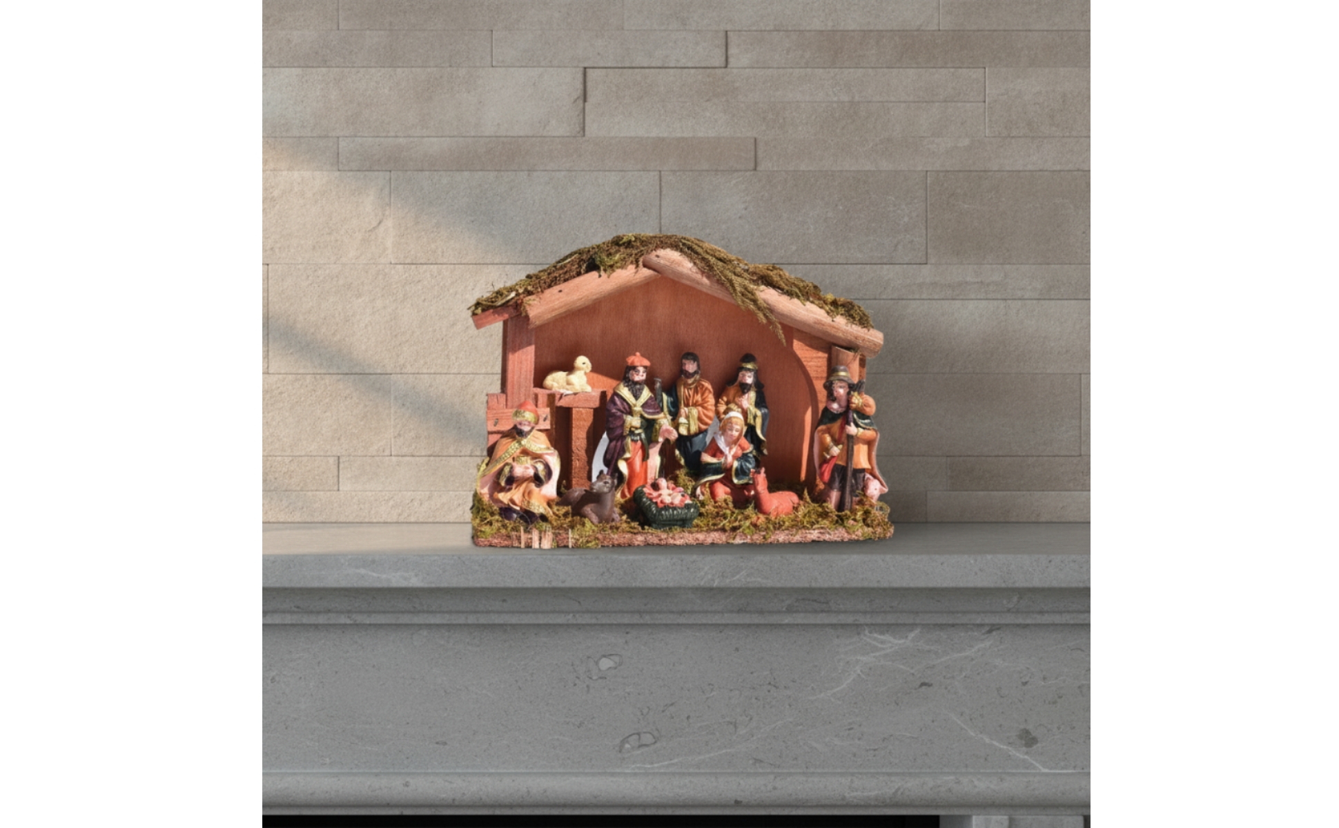 Nativity Set with Stable Rustic Christmas Creche Wood-Grain for Mantel