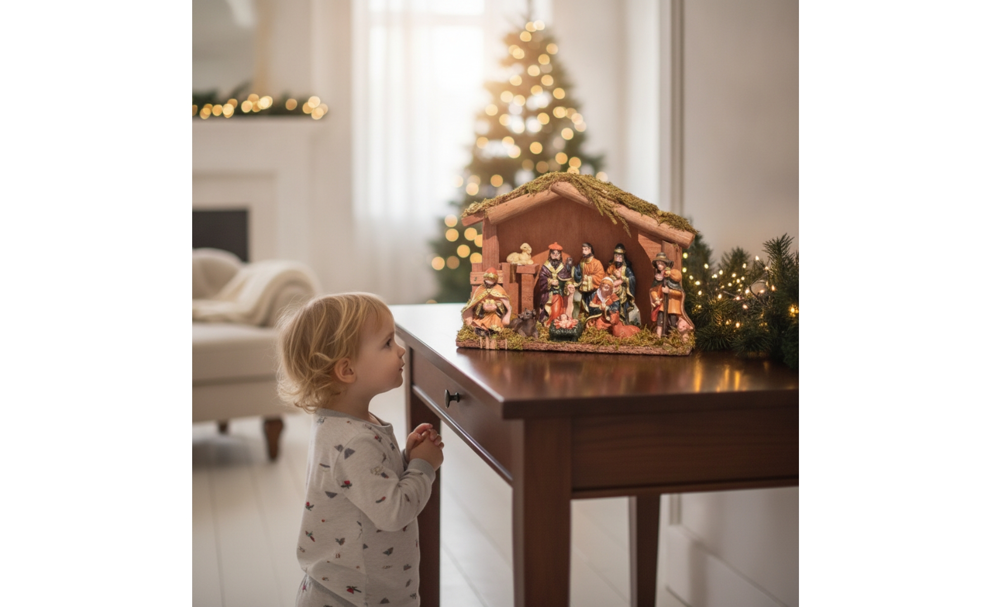 Nativity Set with Stable Rustic Christmas Creche Wood-Grain for Mantel