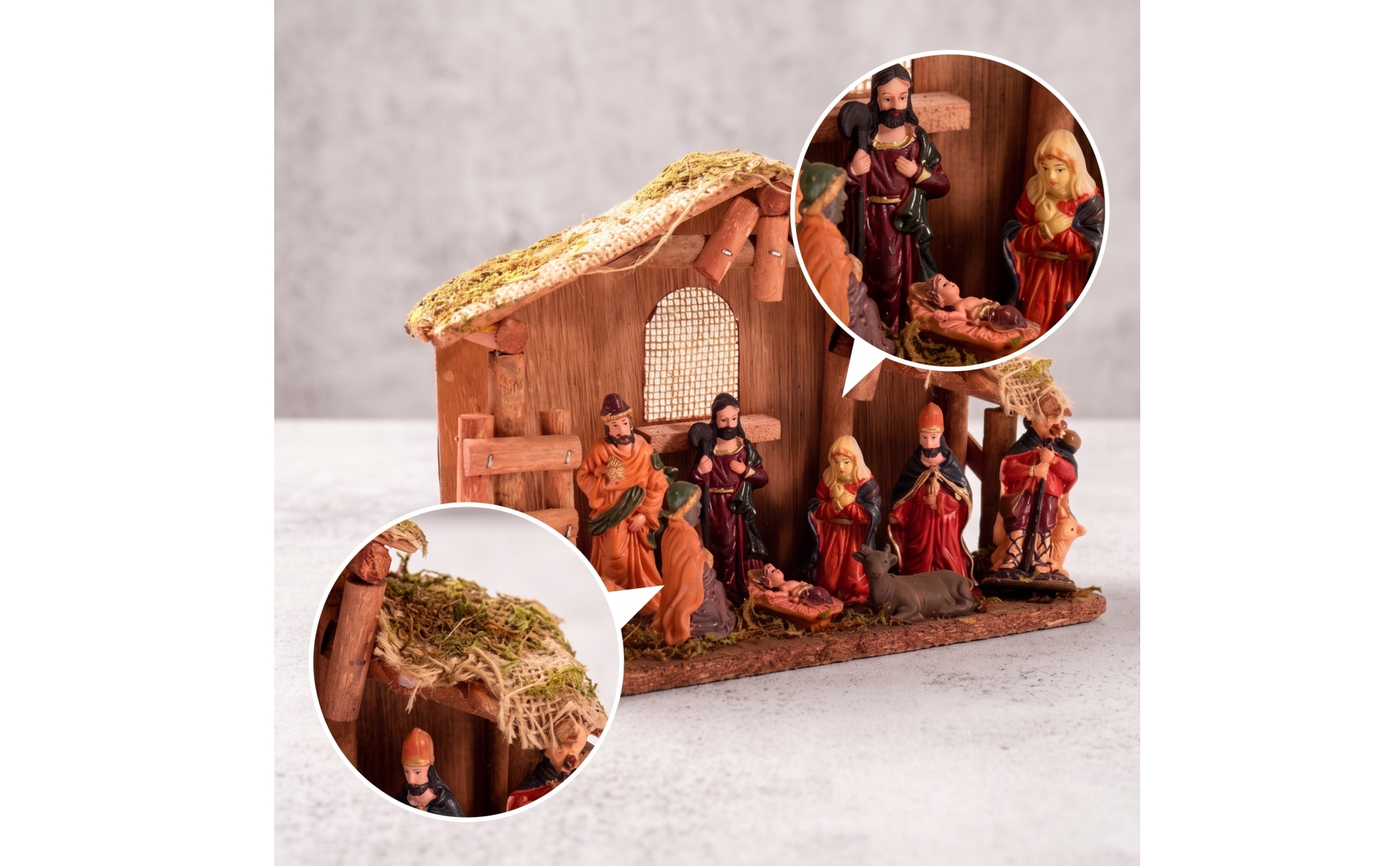 Nativity Set with Stable Rustic Christmas Creche Wood-Grain for Mantel