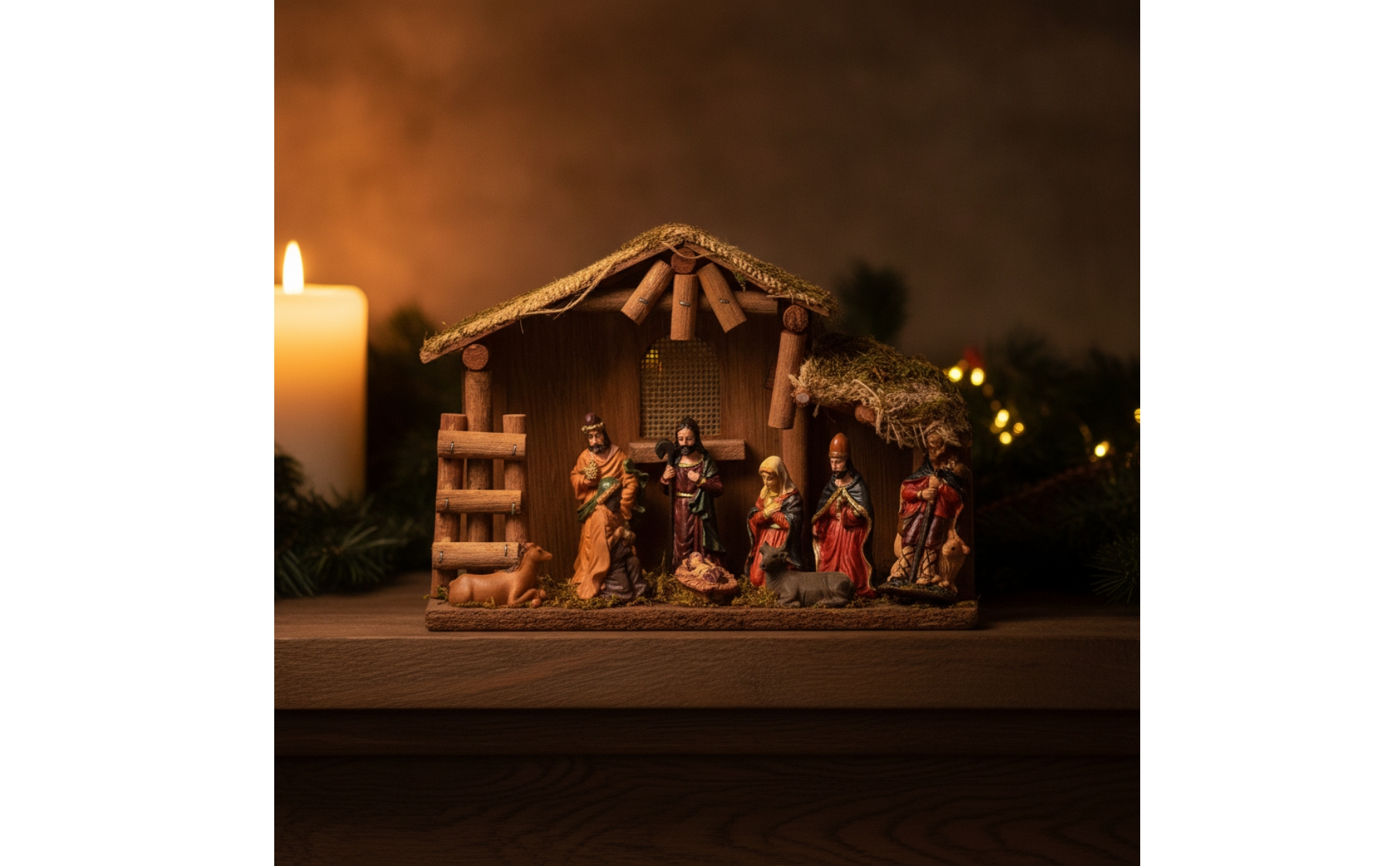 Nativity Set with Stable Rustic Christmas Creche Wood-Grain for Mantel