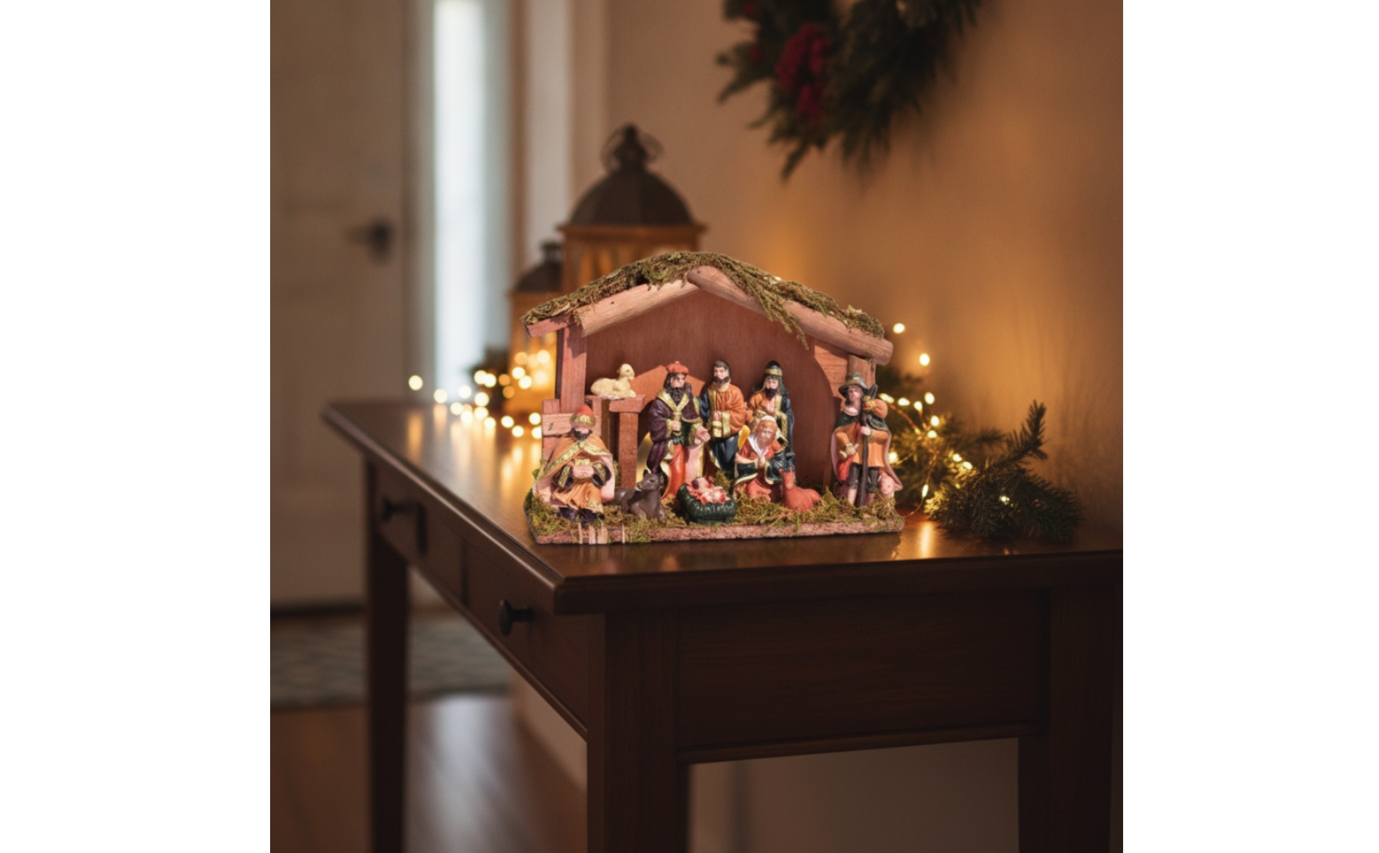 Nativity Set with Stable Rustic Christmas Creche Wood-Grain for Mantel