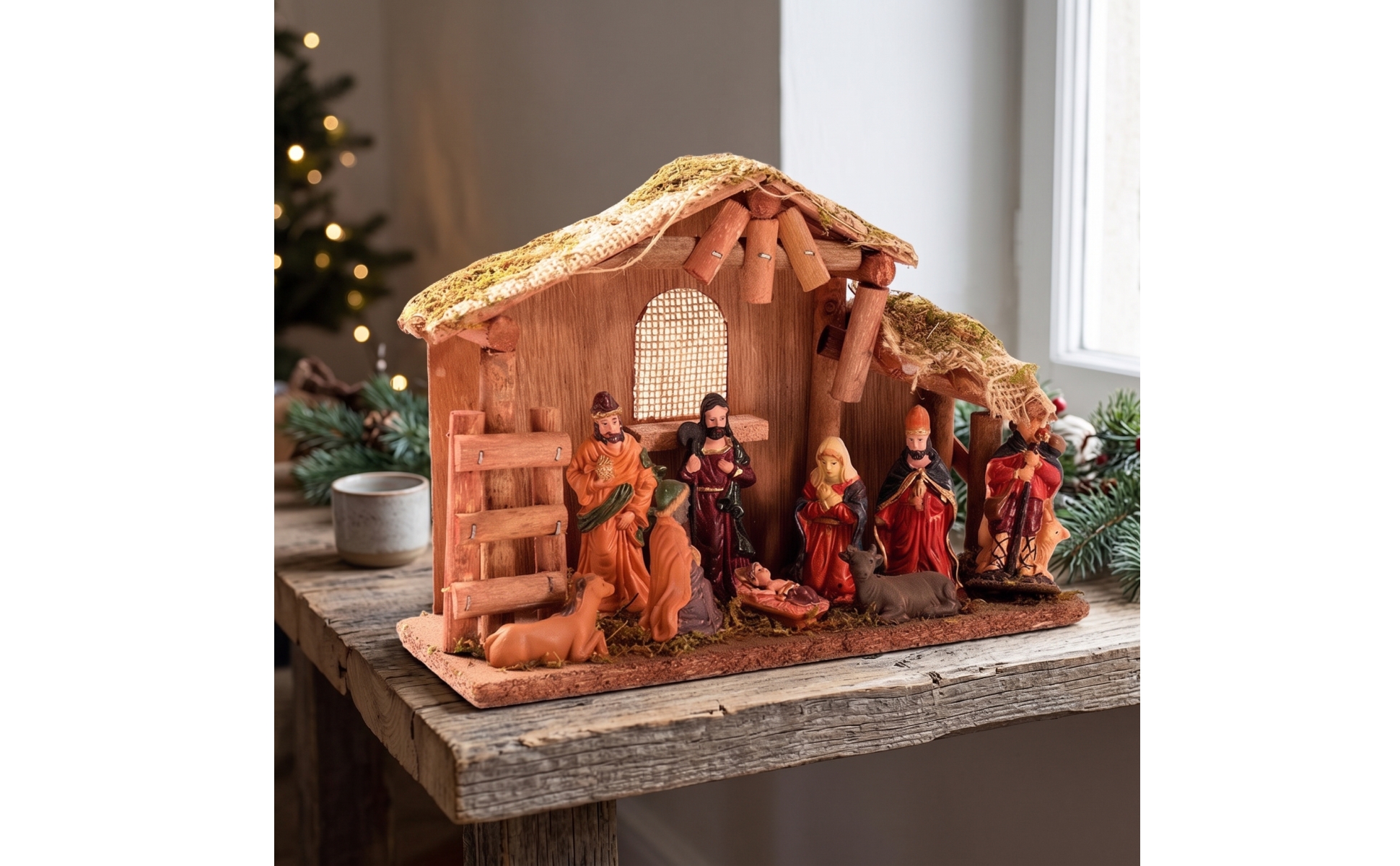 Nativity Set with Stable Rustic Christmas Creche Wood-Grain for Mantel